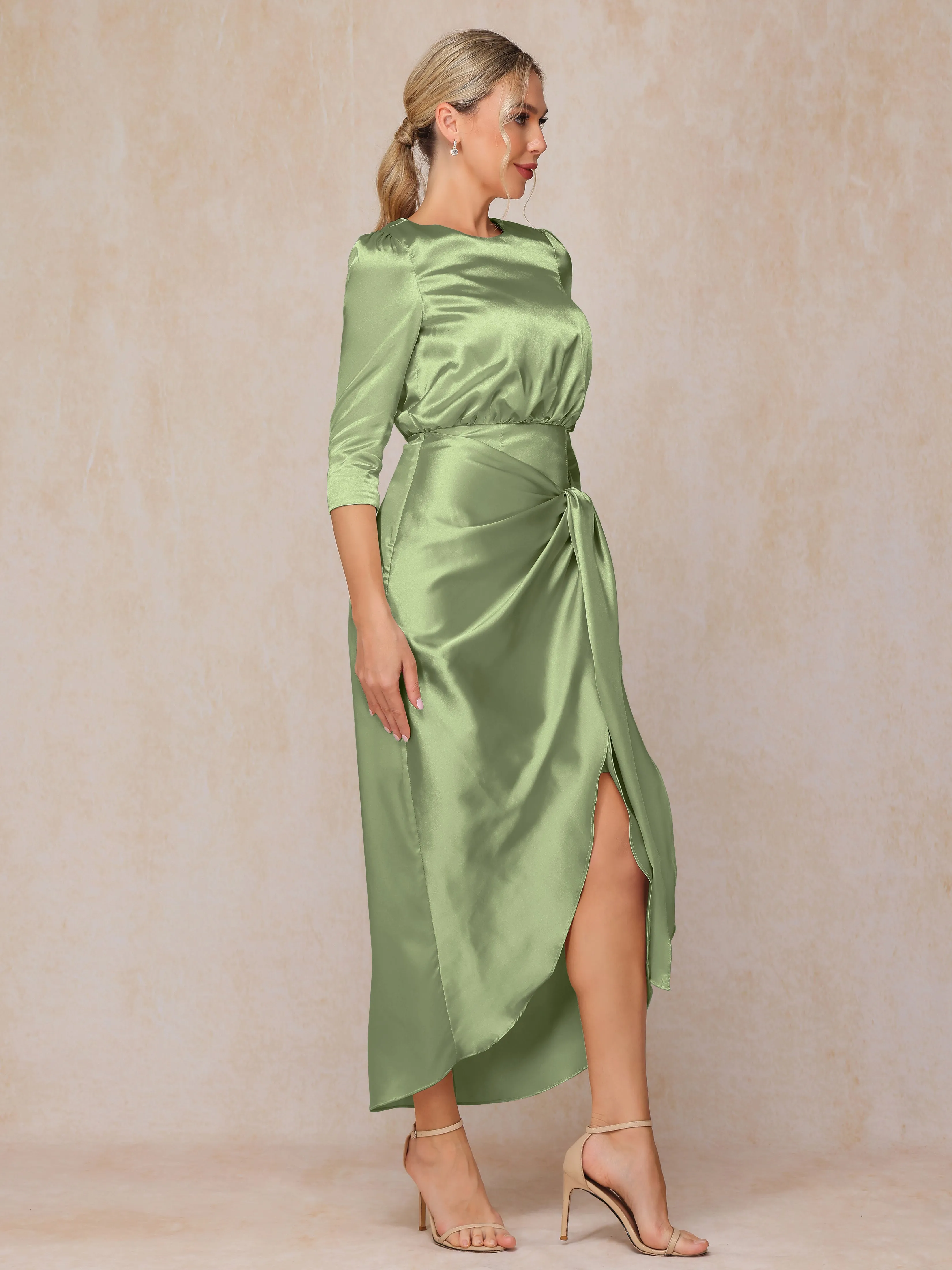 Asymmetrical Scoop 3/4 Length Sleeves Soft Satin Mother of the Bride Dresses