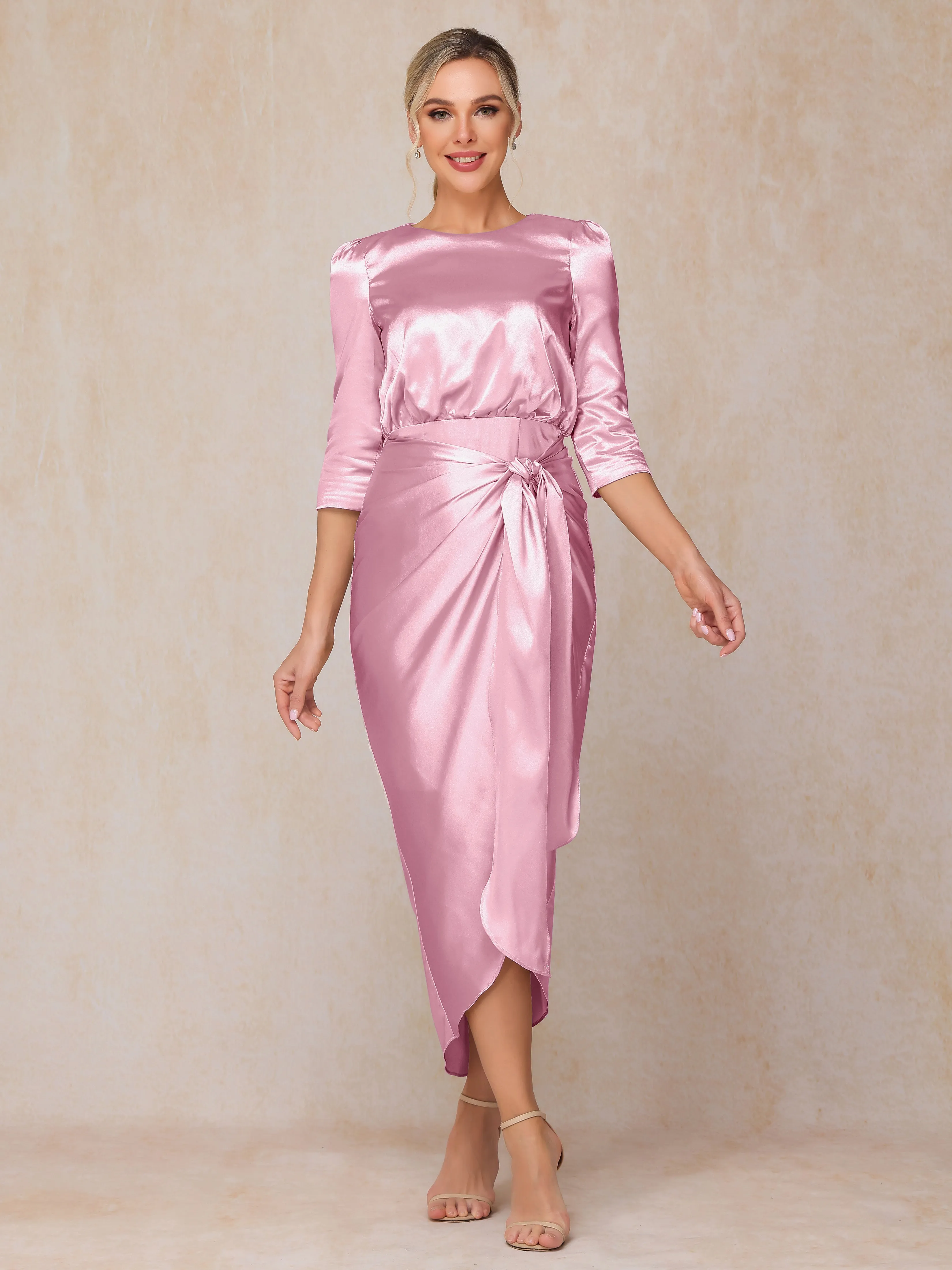 Asymmetrical Scoop 3/4 Length Sleeves Soft Satin Mother of the Bride Dresses