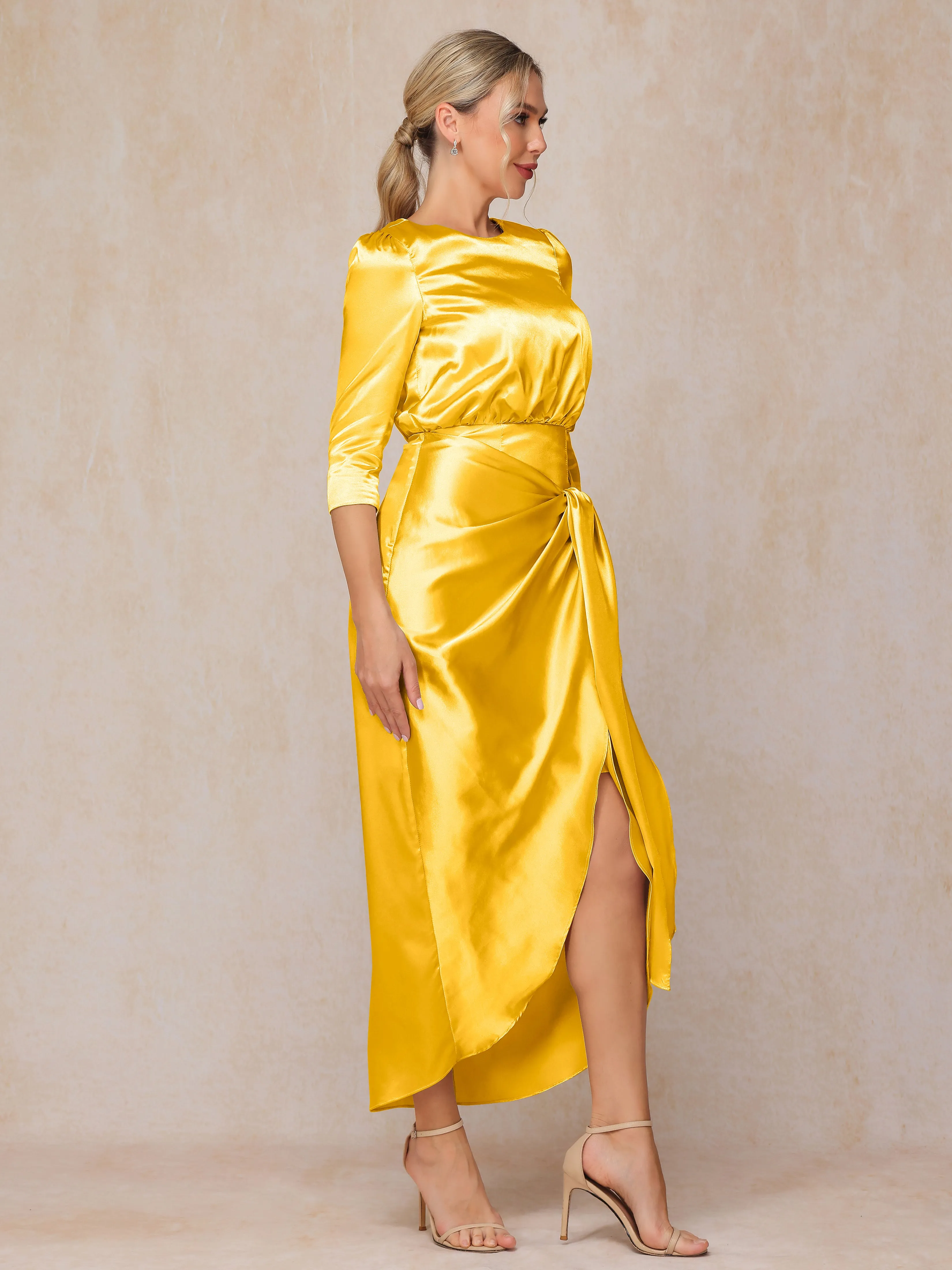 Asymmetrical Scoop 3/4 Length Sleeves Soft Satin Mother of the Bride Dresses