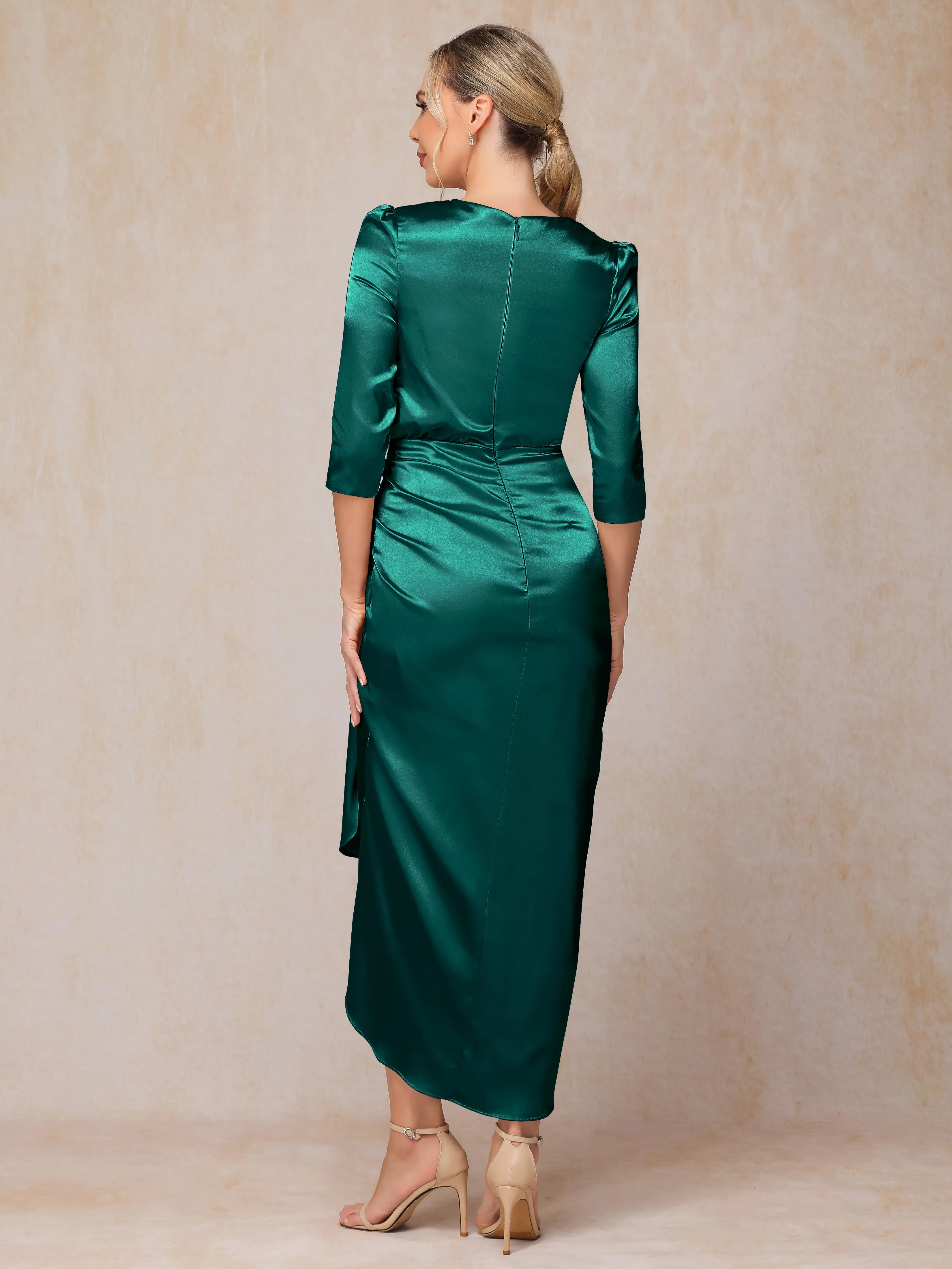 Asymmetrical Scoop 3/4 Length Sleeves Soft Satin Mother of the Bride Dresses