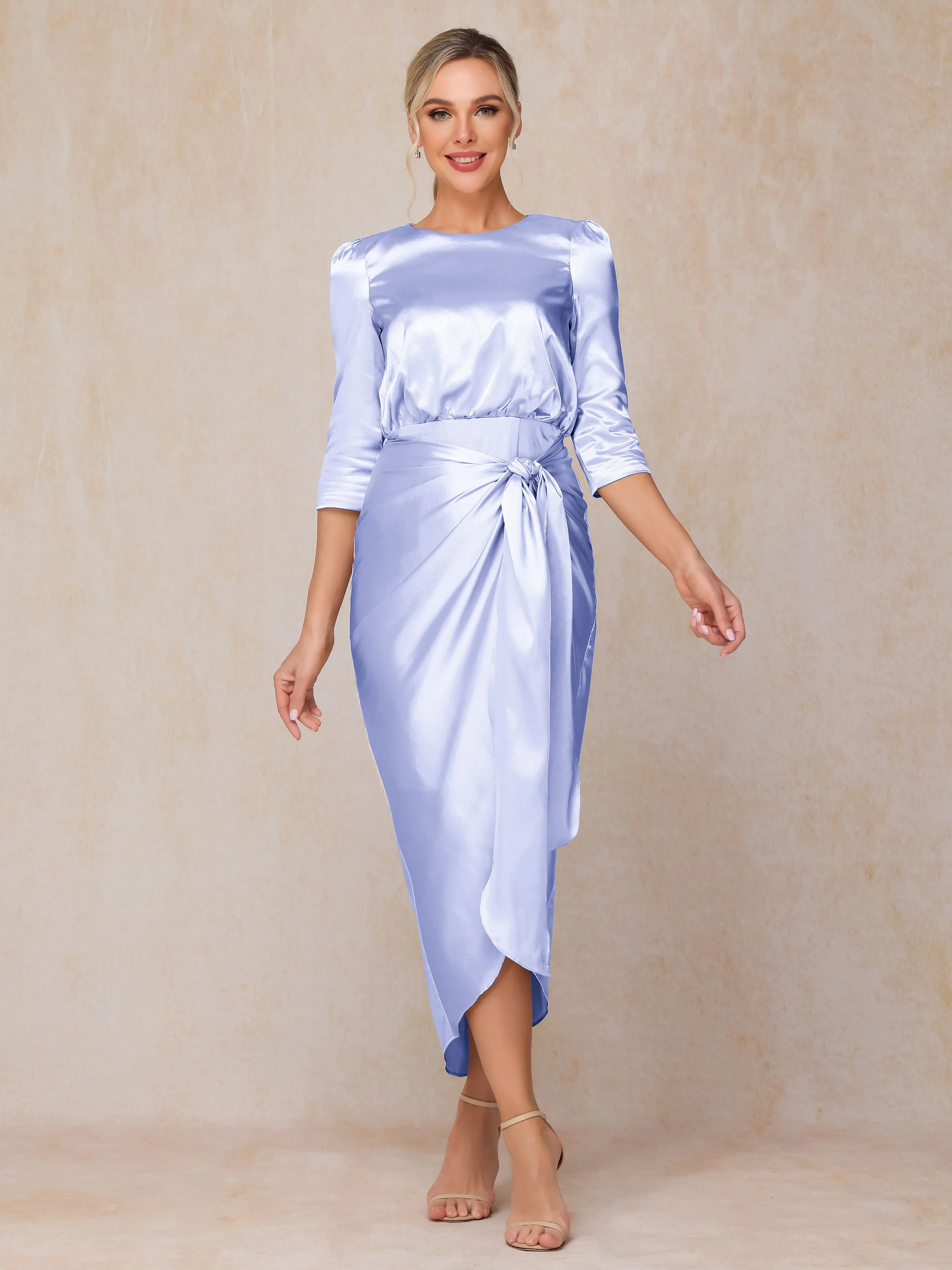 Asymmetrical Scoop 3/4 Length Sleeves Soft Satin Mother of the Bride Dresses