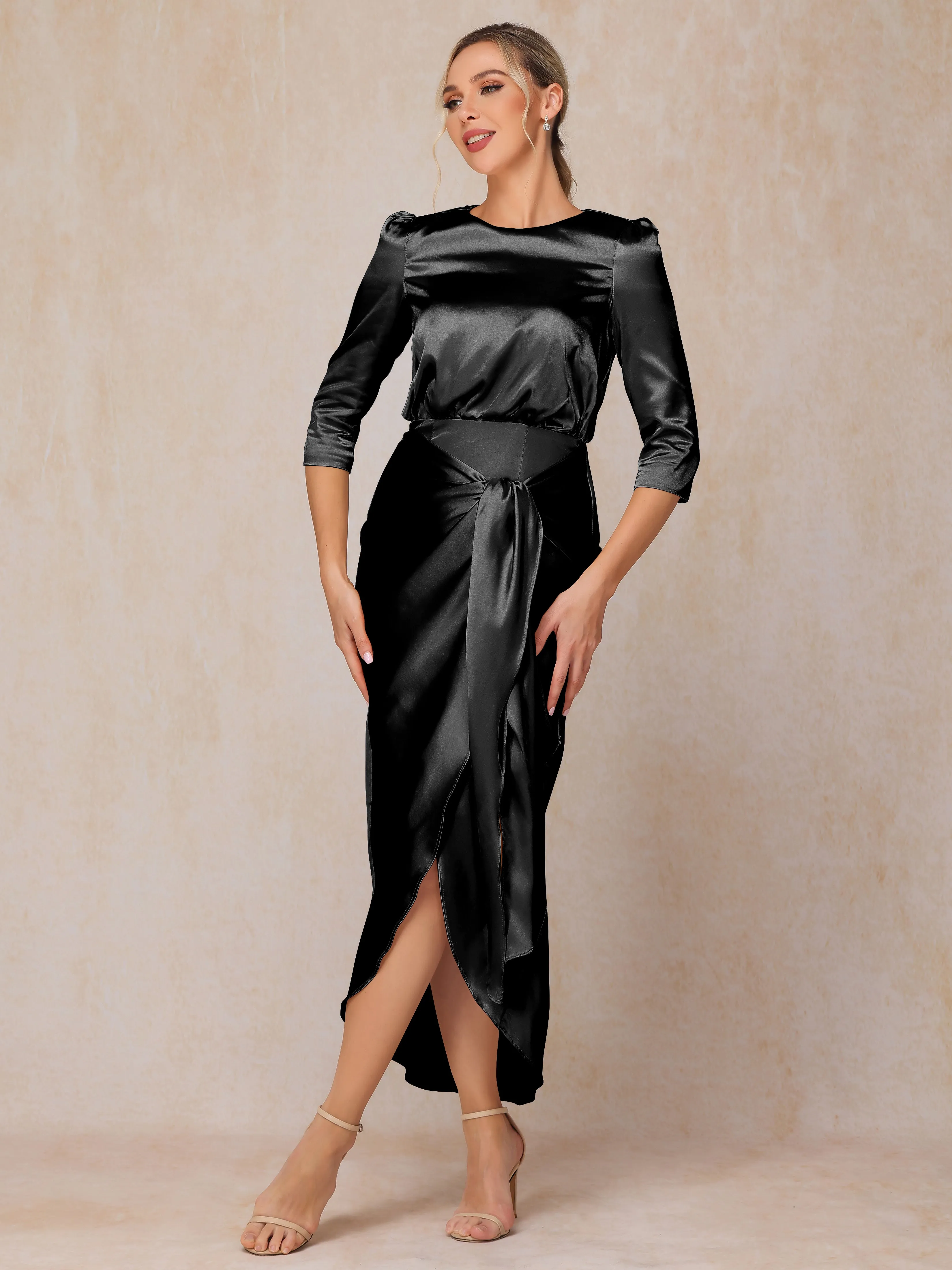 Asymmetrical Scoop 3/4 Length Sleeves Soft Satin Mother of the Bride Dresses