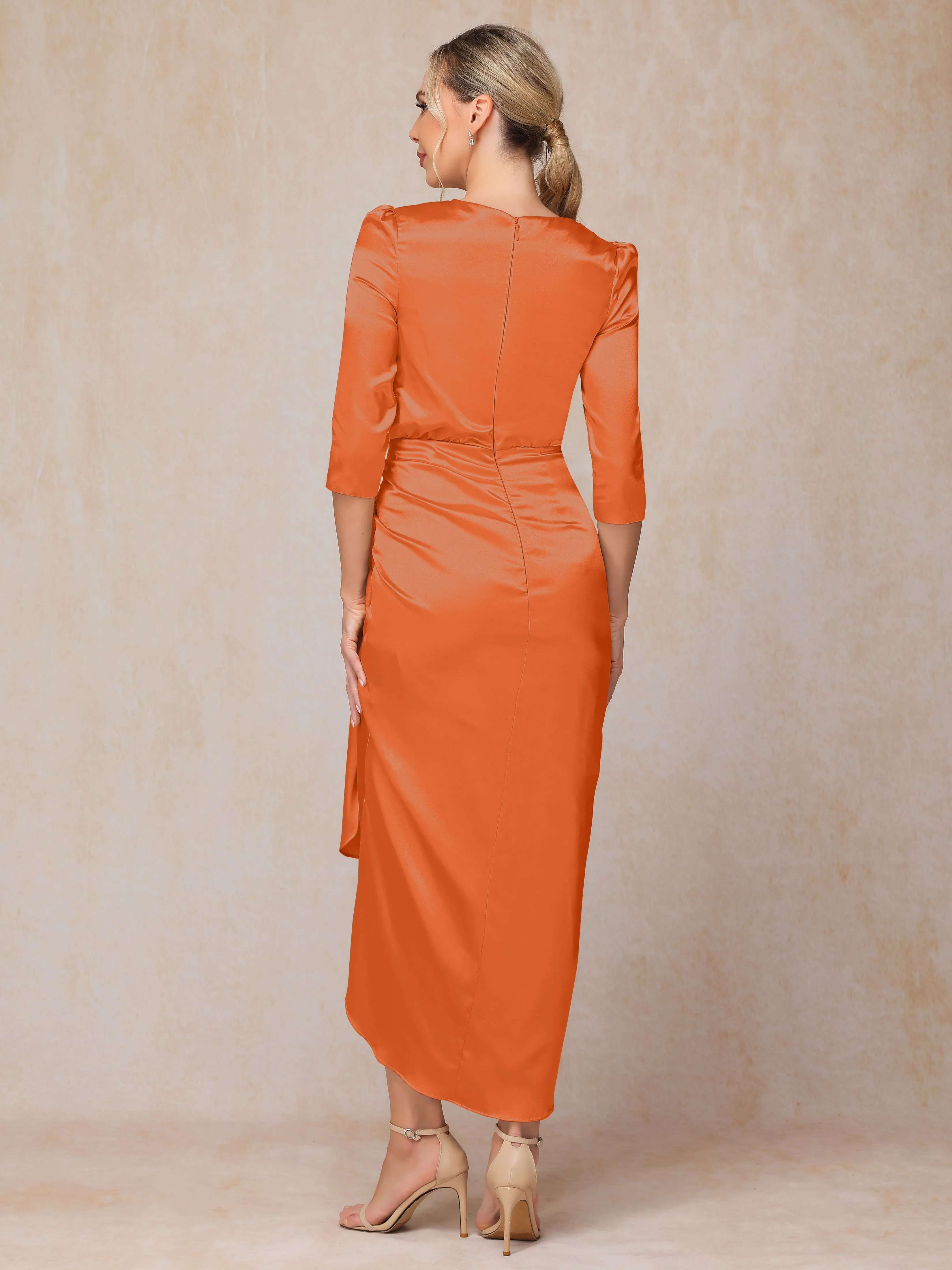 Asymmetrical Scoop 3/4 Length Sleeves Soft Satin Mother of the Bride Dresses