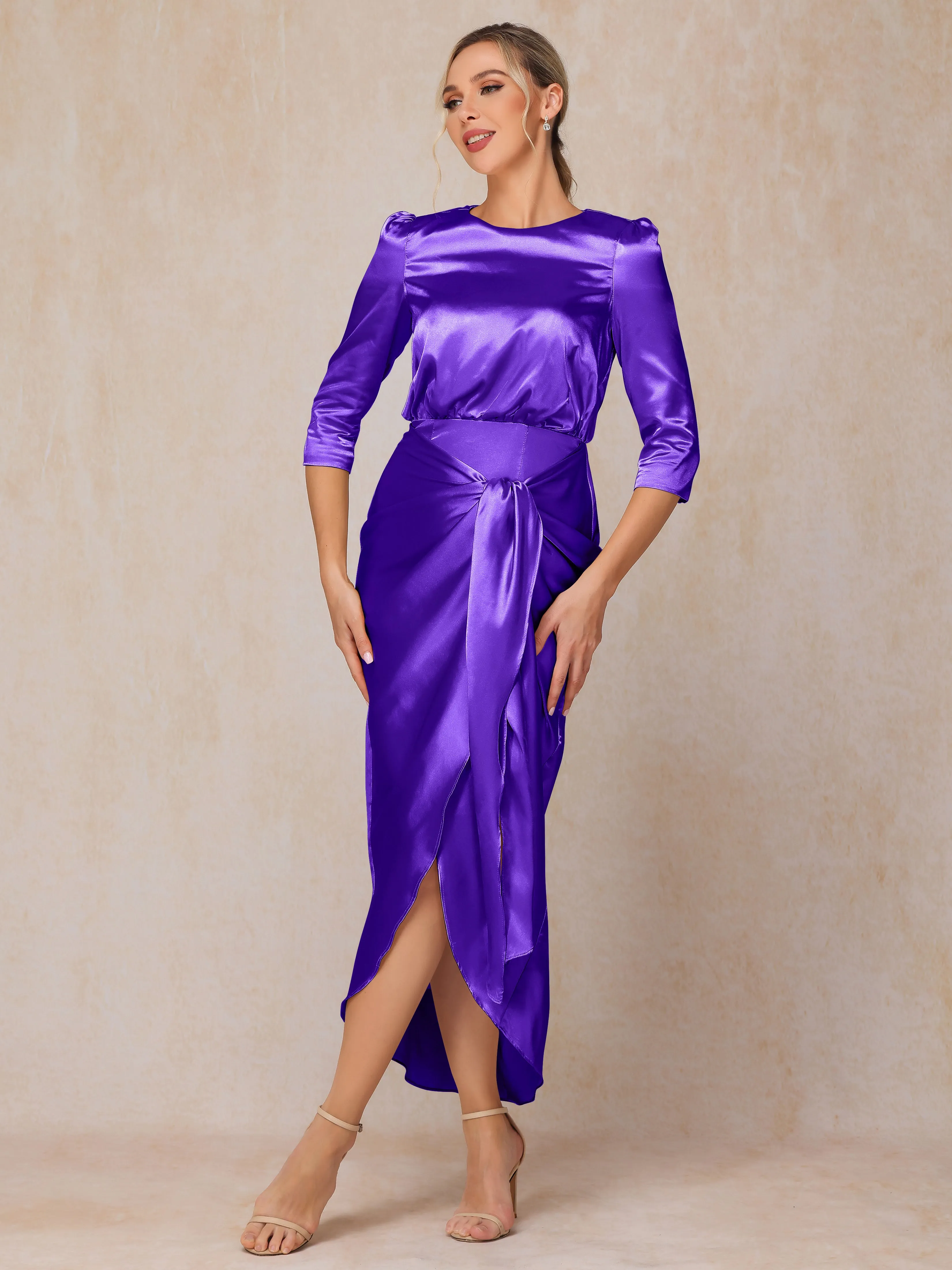 Asymmetrical Scoop 3/4 Length Sleeves Soft Satin Mother of the Bride Dresses