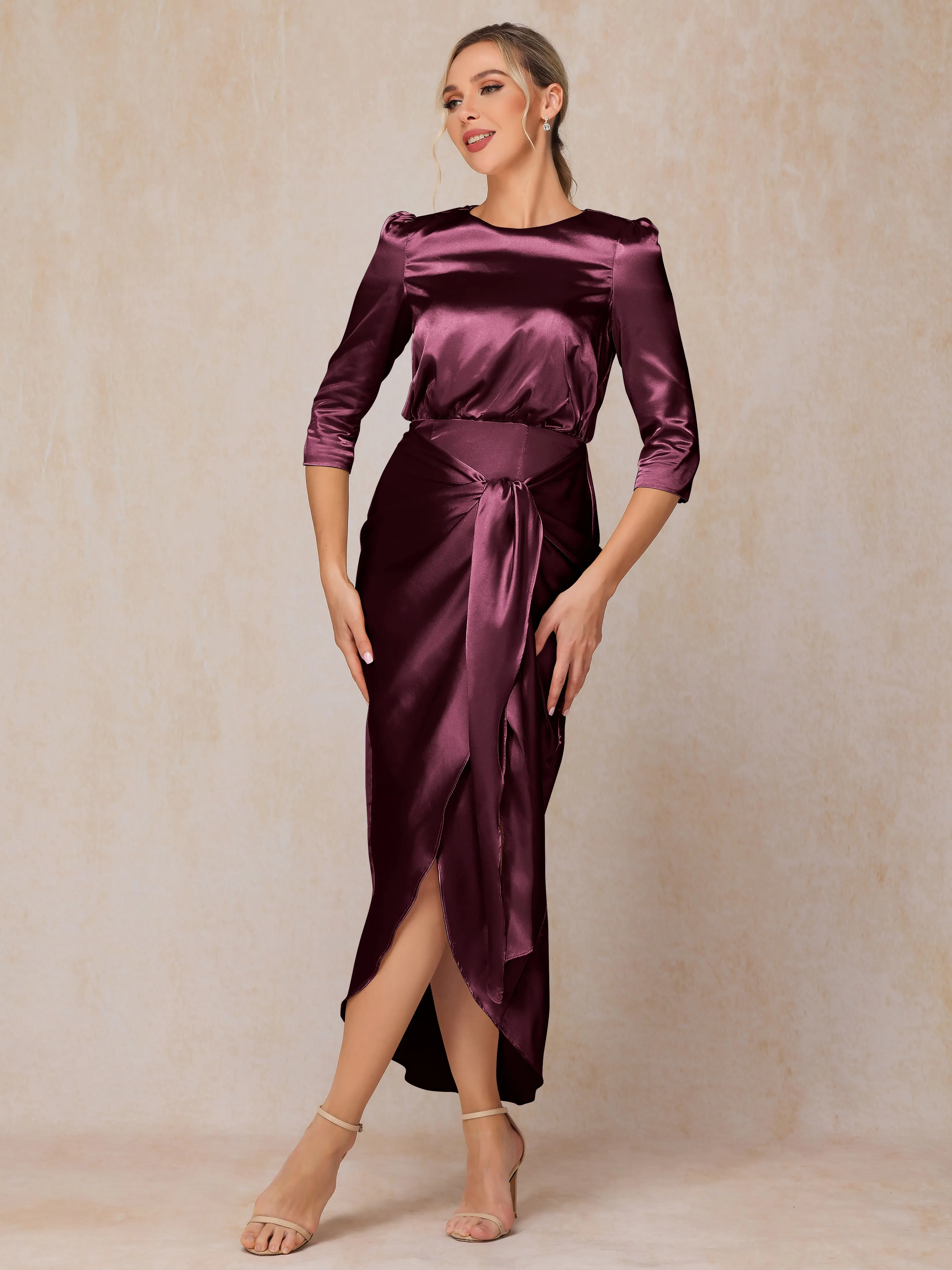 Asymmetrical Scoop 3/4 Length Sleeves Soft Satin Mother of the Bride Dresses