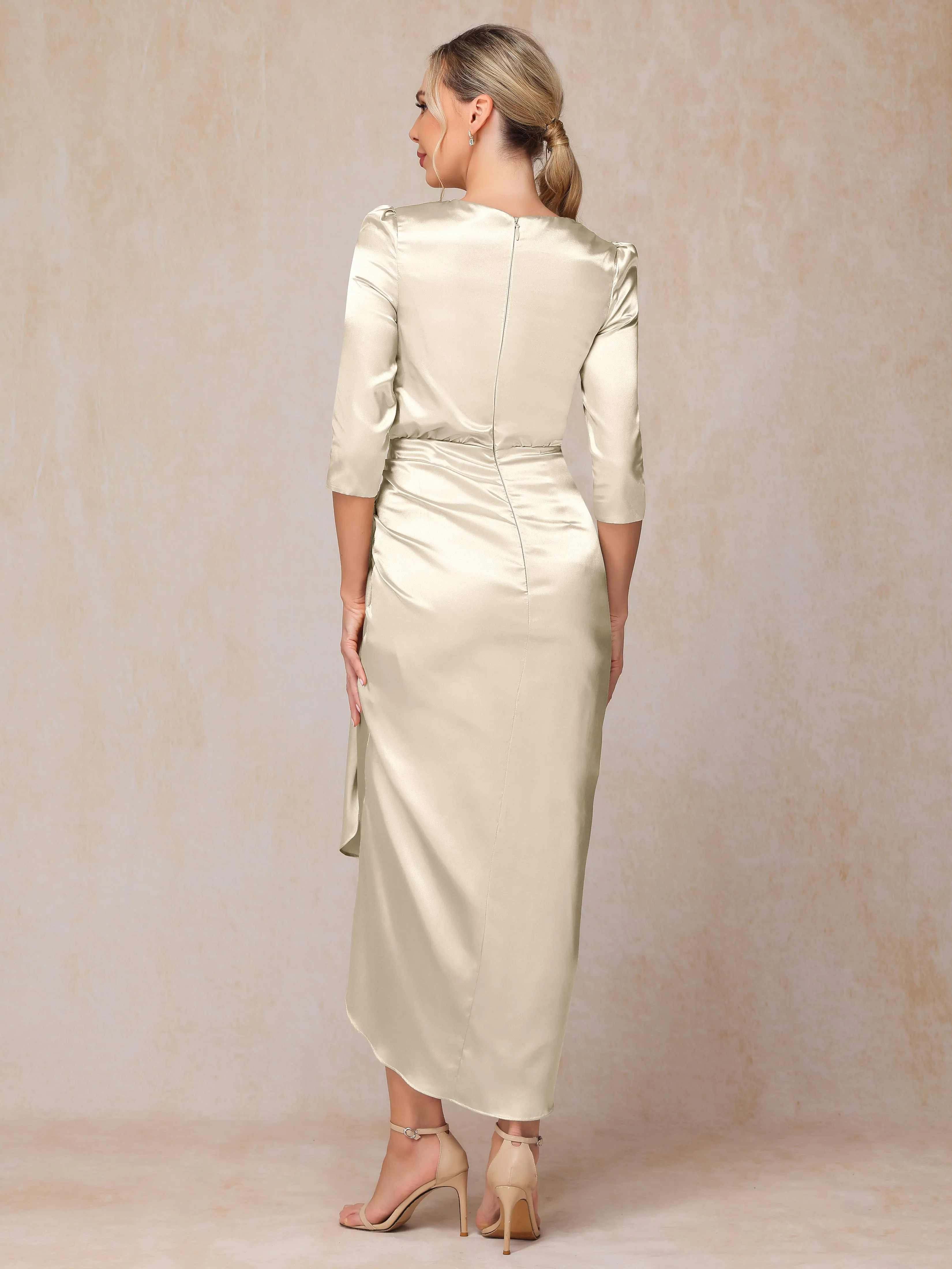 Asymmetrical Scoop 3/4 Length Sleeves Soft Satin Mother of the Bride Dresses