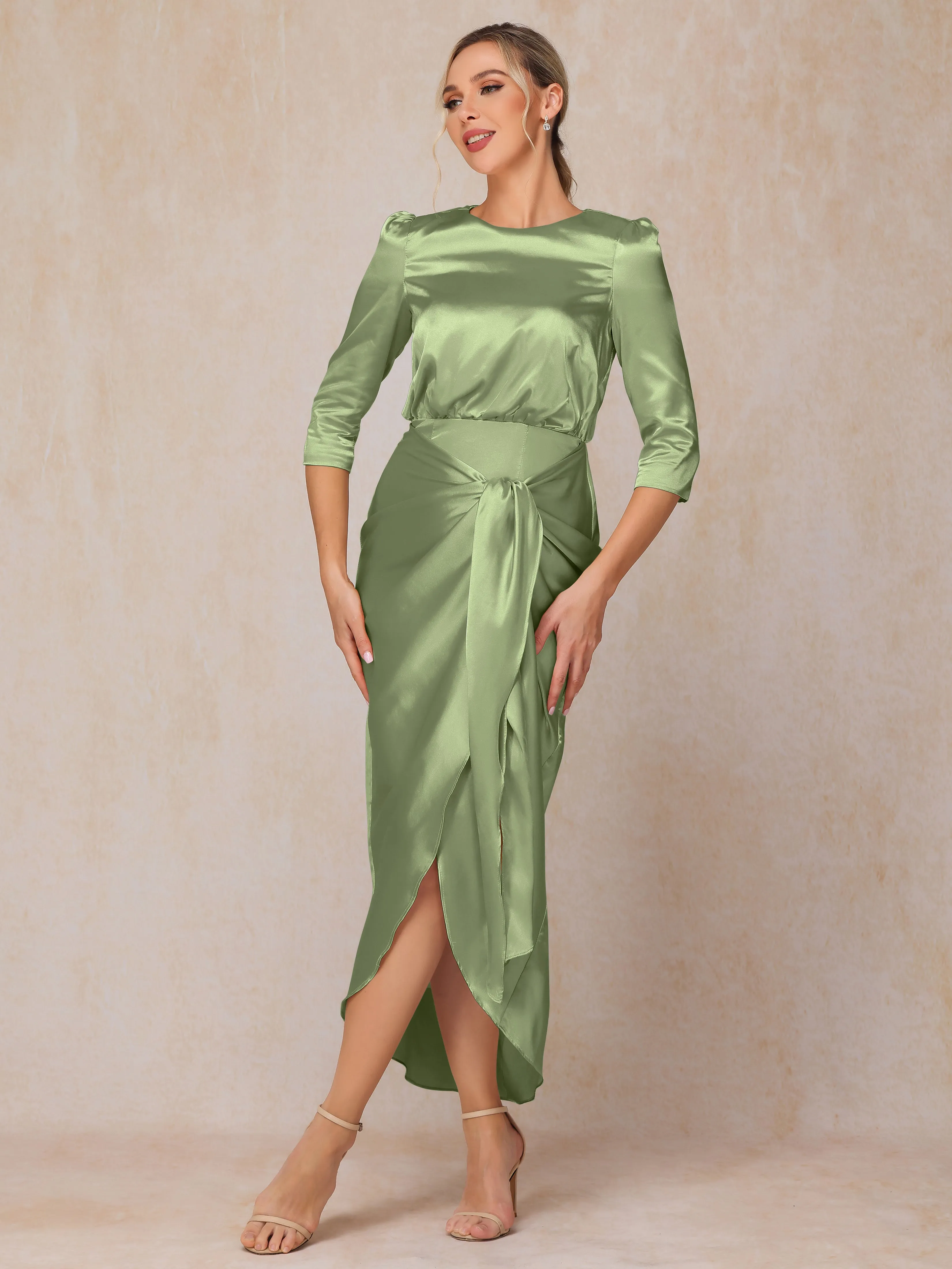 Asymmetrical Scoop 3/4 Length Sleeves Soft Satin Mother of the Bride Dresses