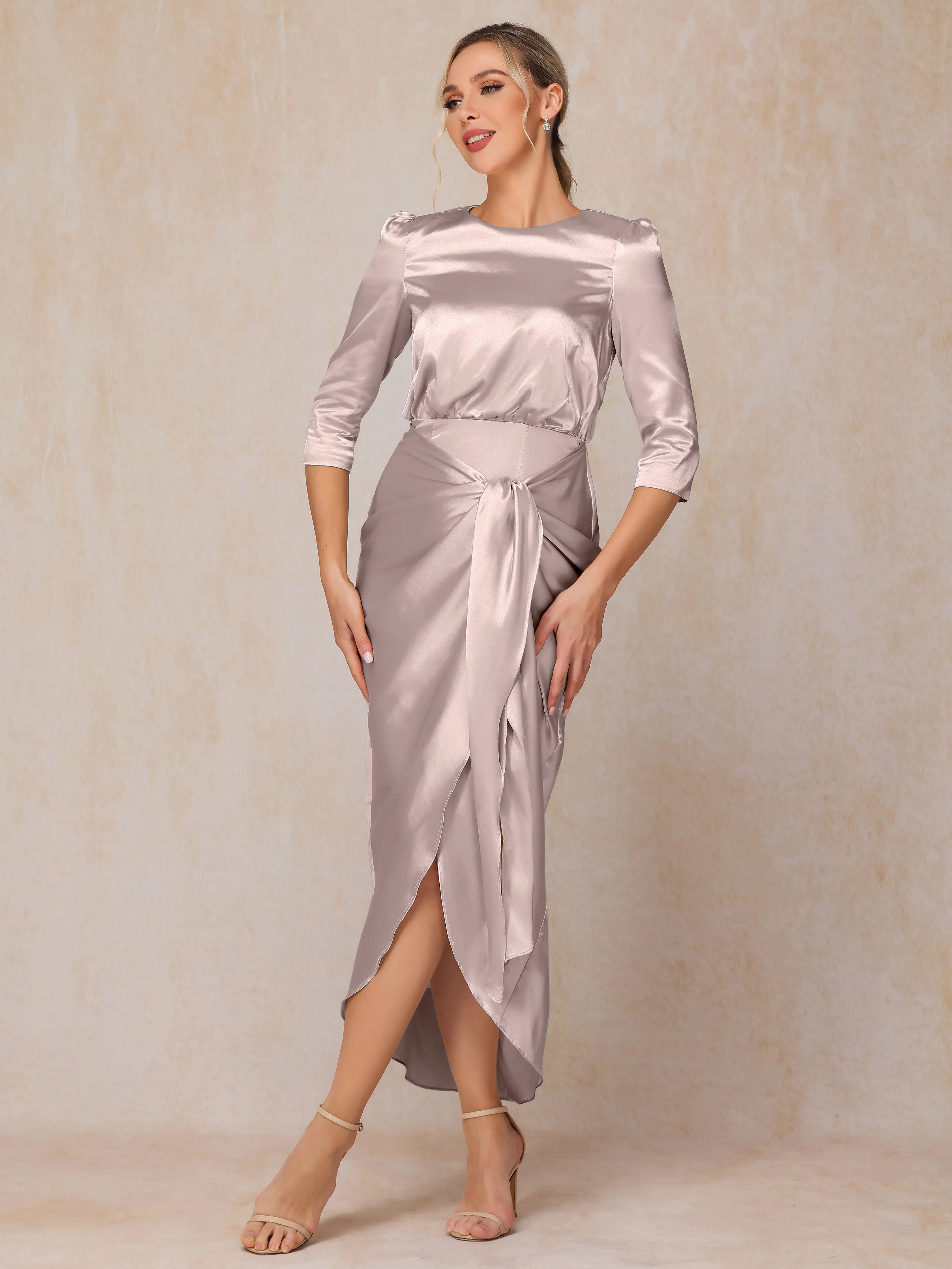 Asymmetrical Scoop 3/4 Length Sleeves Soft Satin Mother of the Bride Dresses