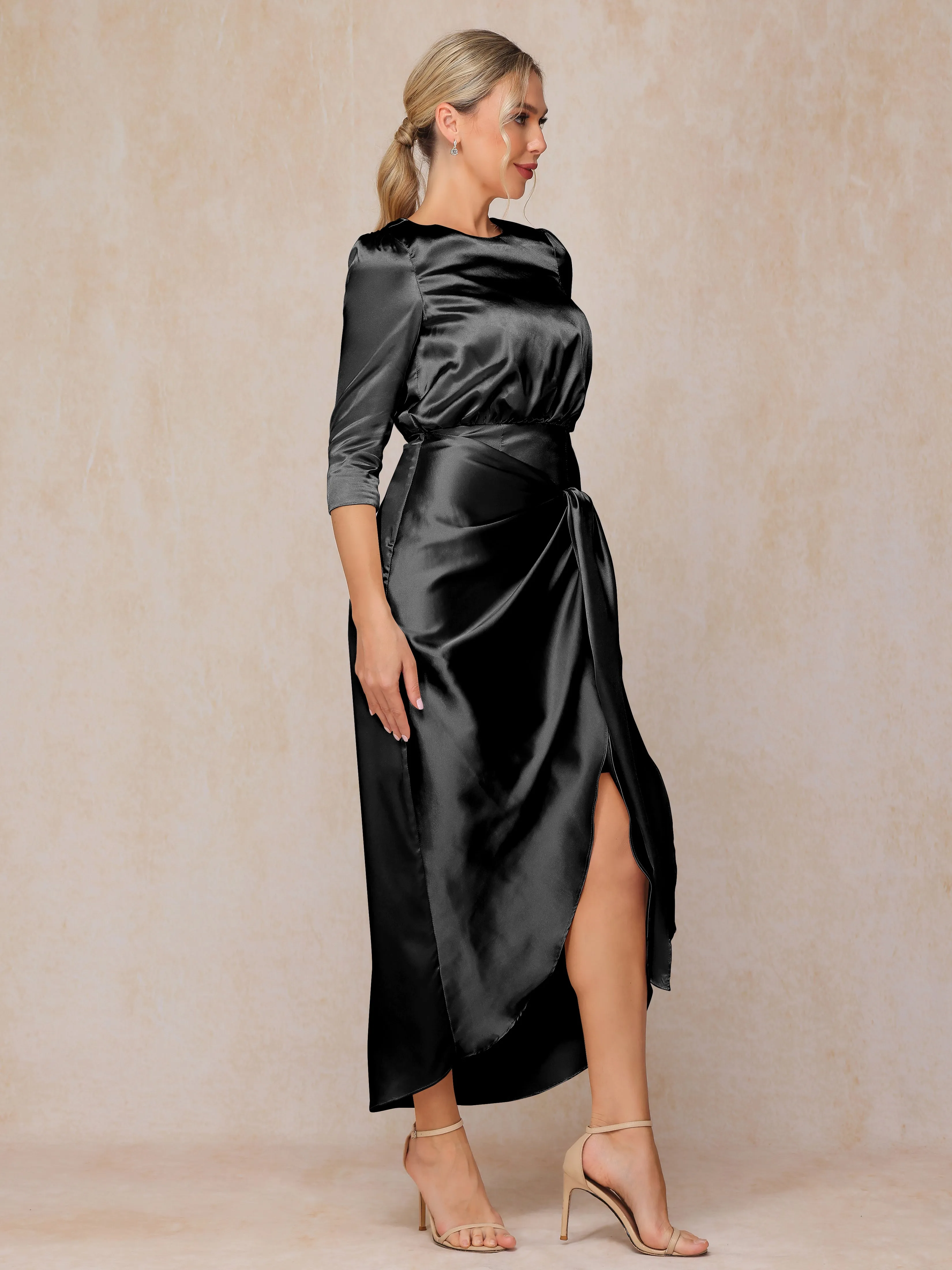 Asymmetrical Scoop 3/4 Length Sleeves Soft Satin Mother of the Bride Dresses