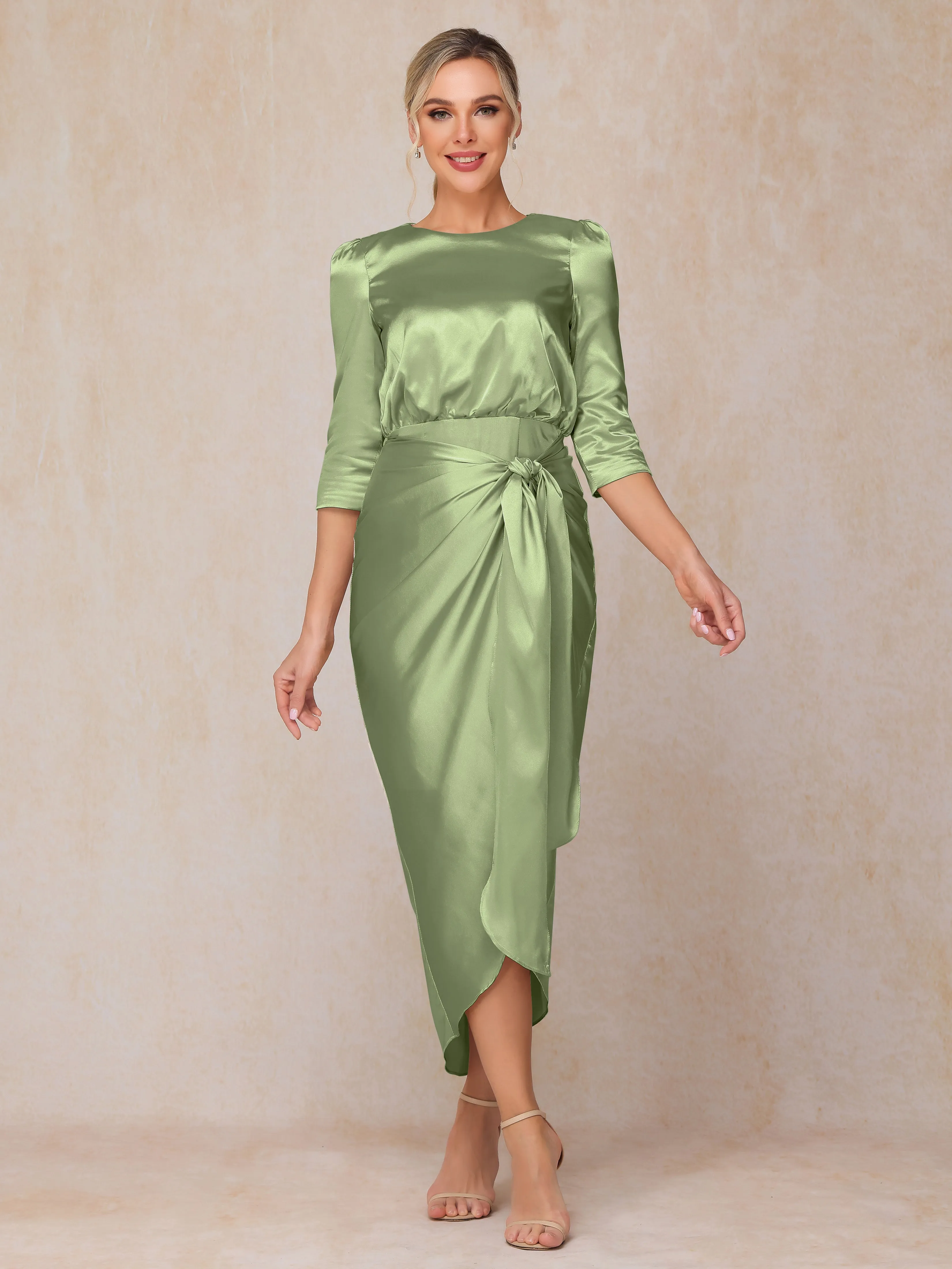 Asymmetrical Scoop 3/4 Length Sleeves Soft Satin Mother of the Bride Dresses