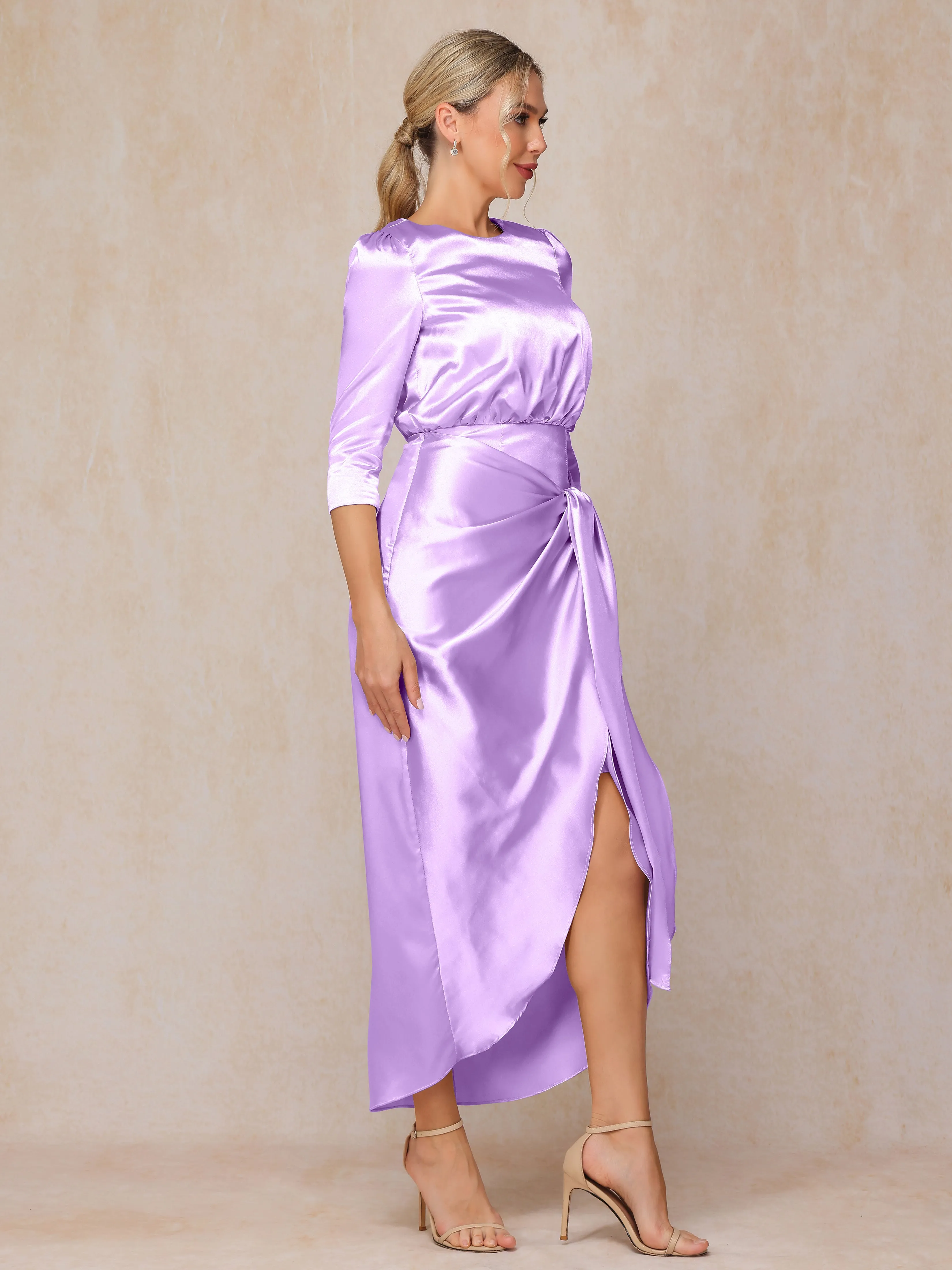 Asymmetrical Scoop 3/4 Length Sleeves Soft Satin Mother of the Bride Dresses