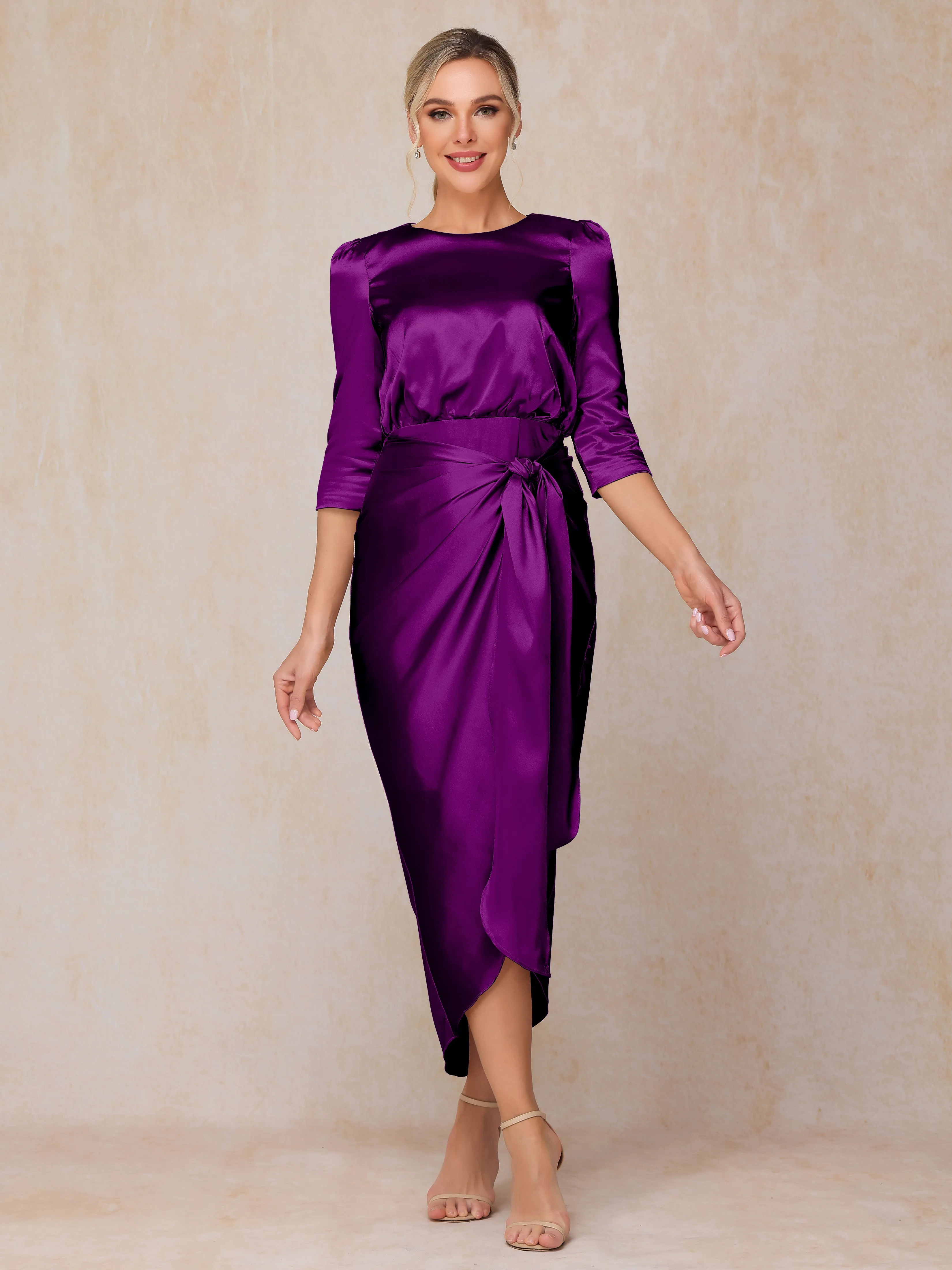 Asymmetrical Scoop 3/4 Length Sleeves Soft Satin Mother of the Bride Dresses