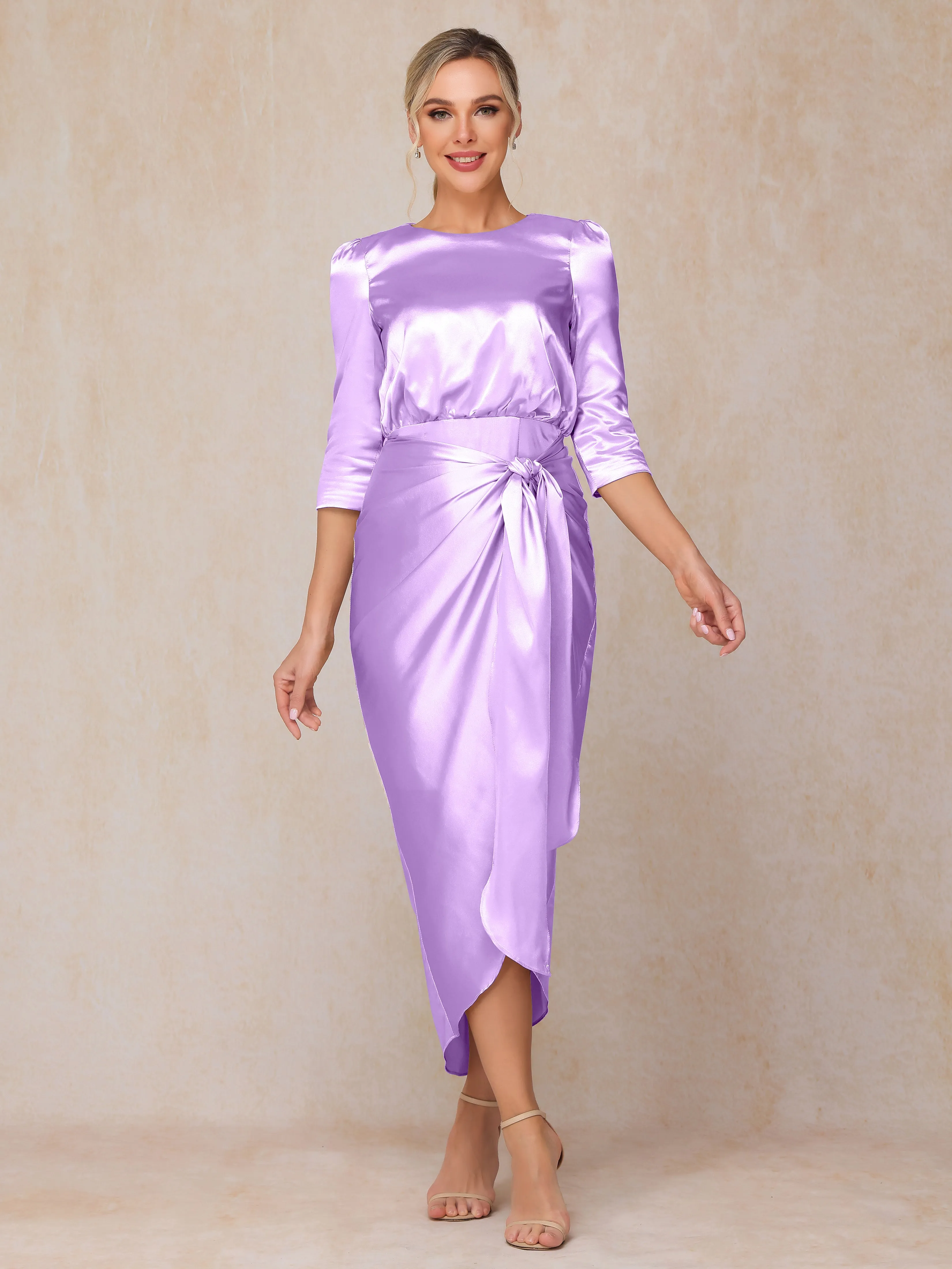 Asymmetrical Scoop 3/4 Length Sleeves Soft Satin Mother of the Bride Dresses