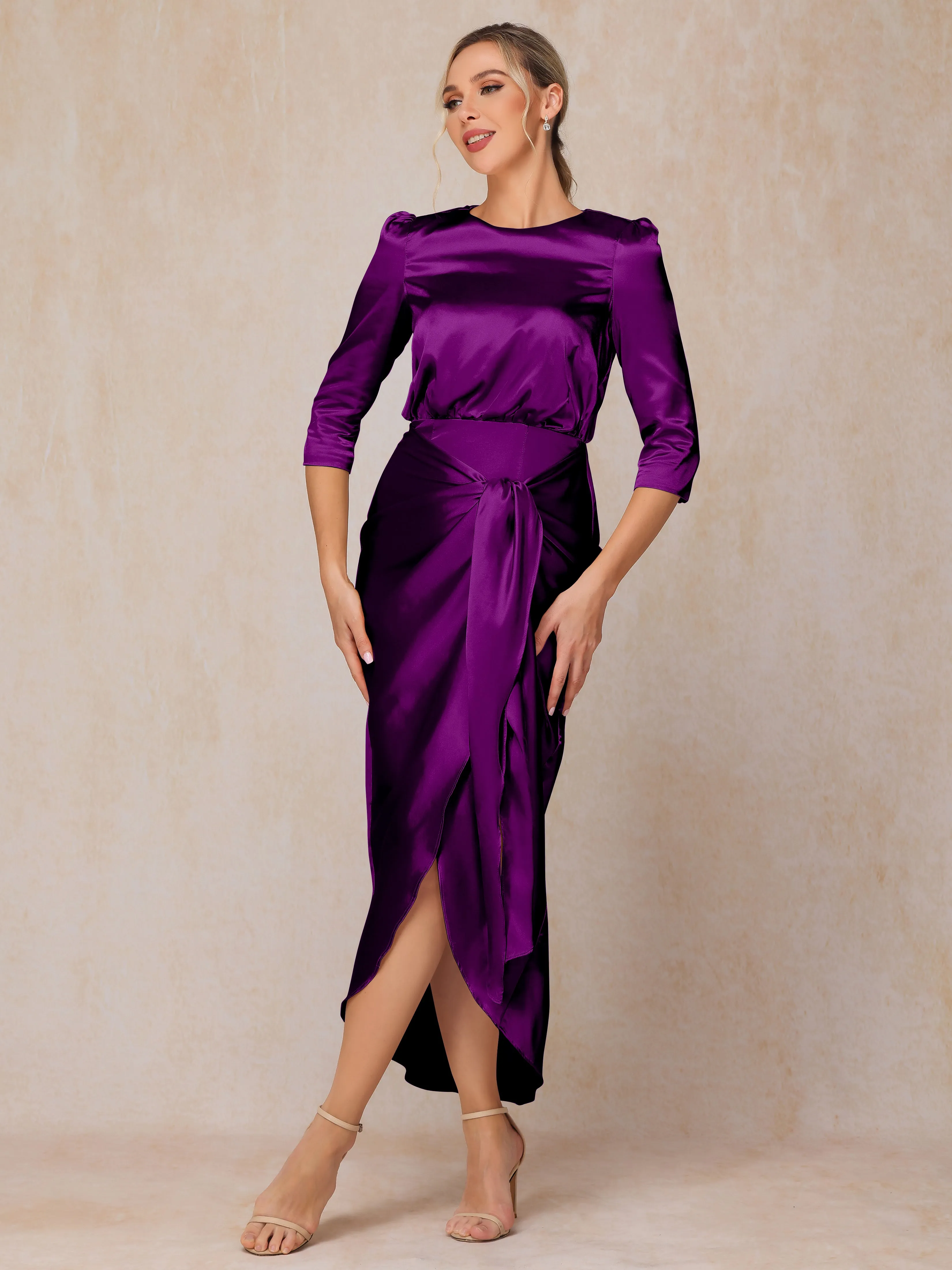 Asymmetrical Scoop 3/4 Length Sleeves Soft Satin Mother of the Bride Dresses