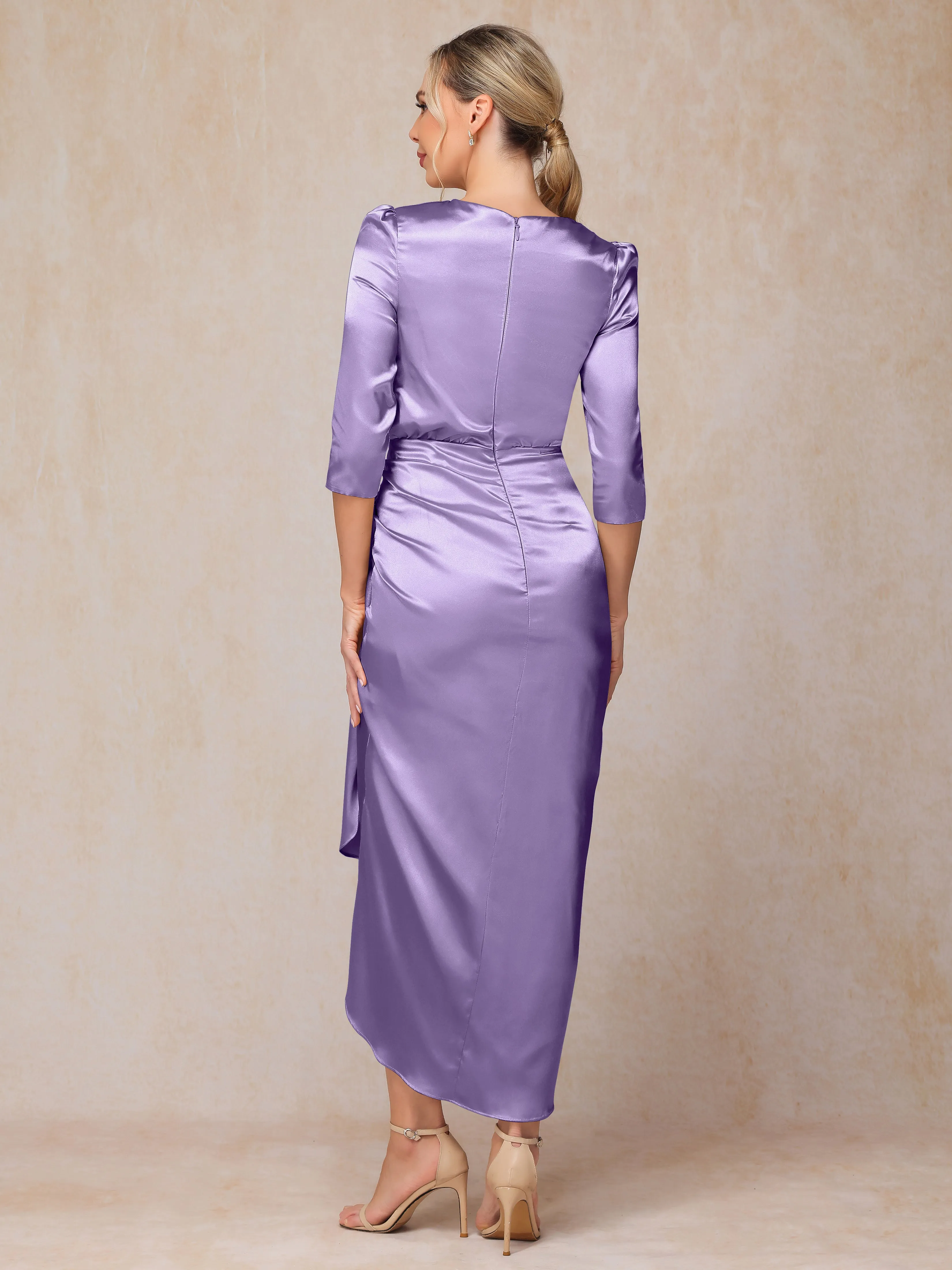 Asymmetrical Scoop 3/4 Length Sleeves Soft Satin Mother of the Bride Dresses