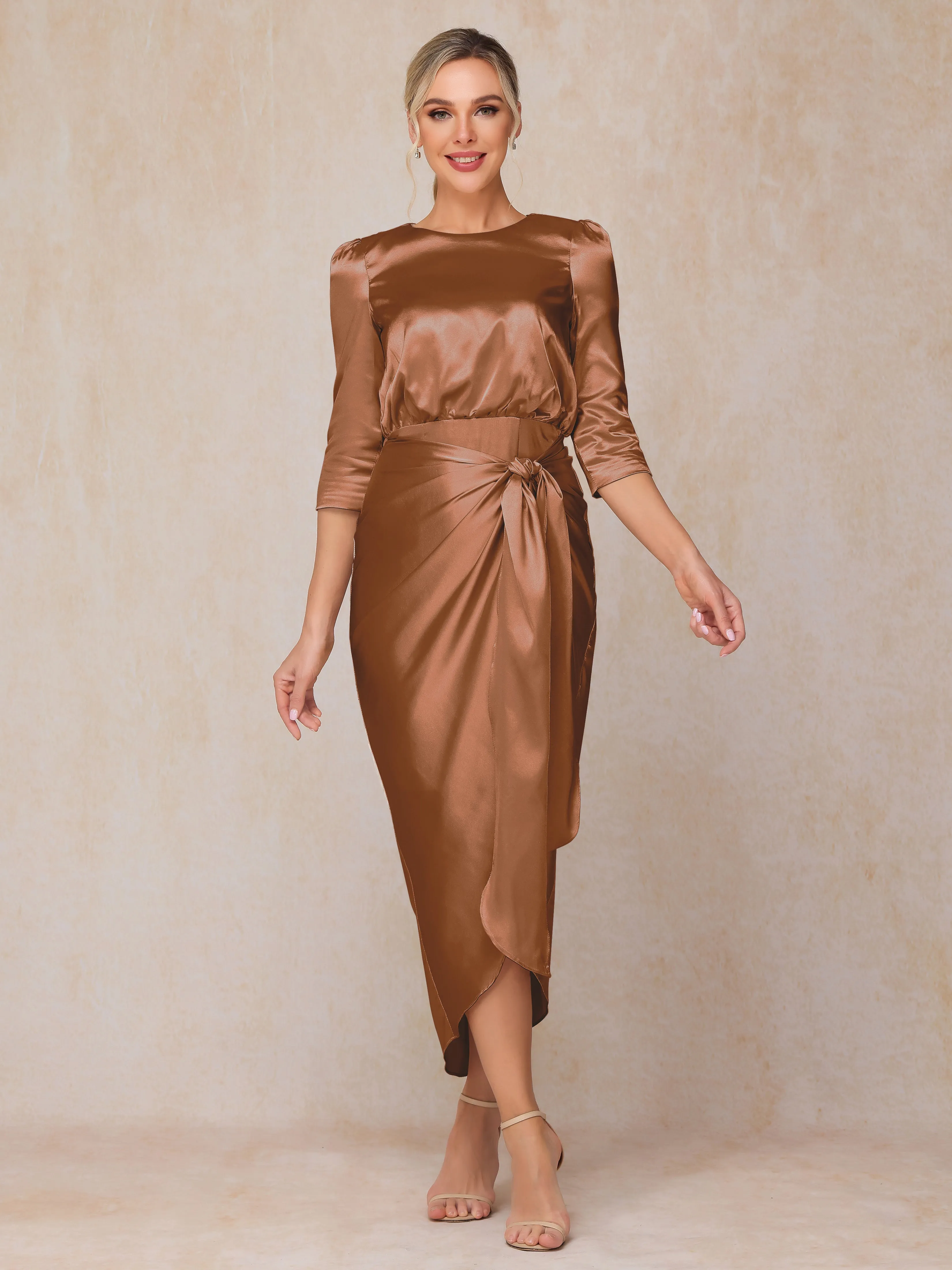 Asymmetrical Scoop 3/4 Length Sleeves Soft Satin Mother of the Bride Dresses