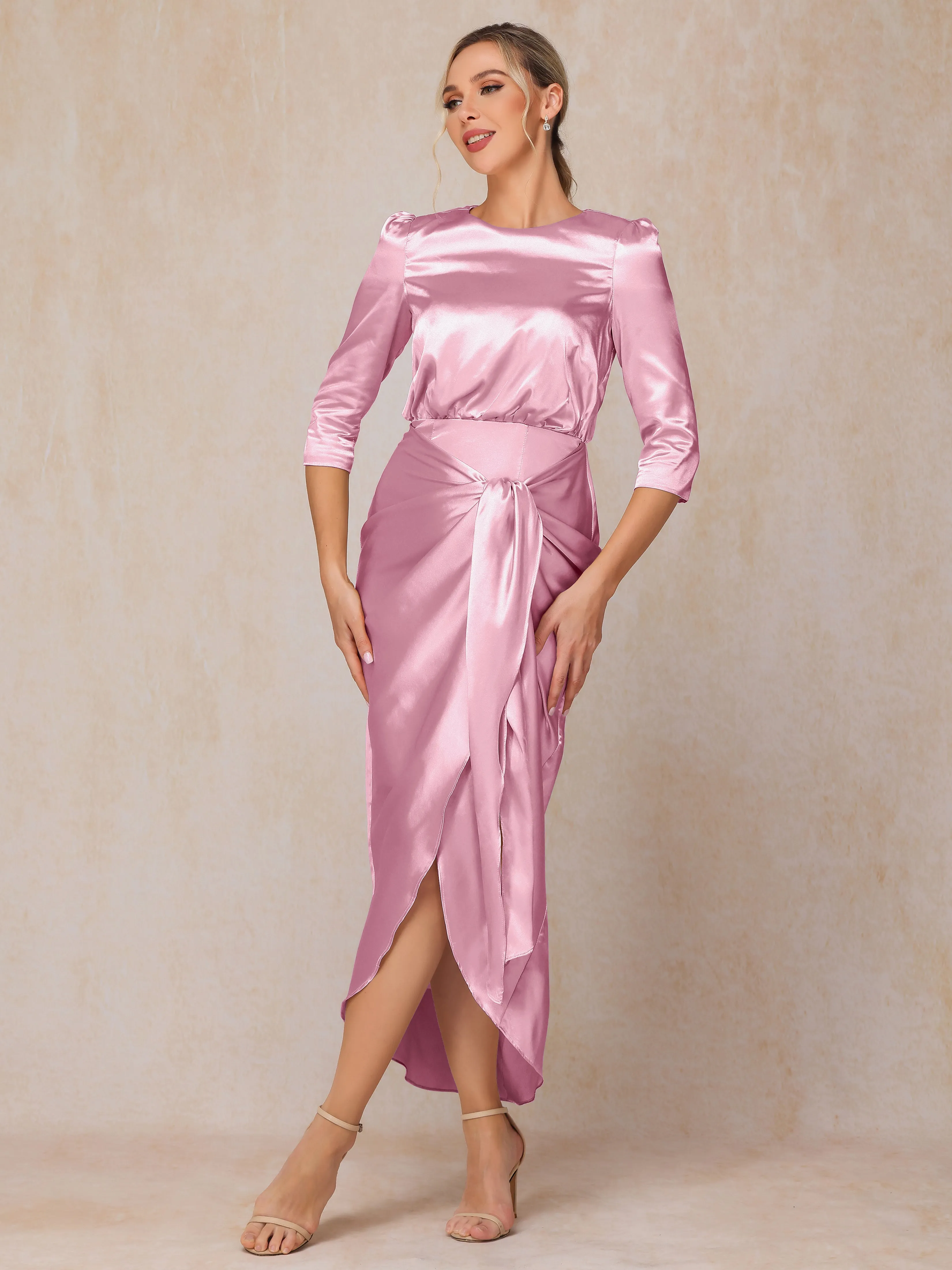 Asymmetrical Scoop 3/4 Length Sleeves Soft Satin Mother of the Bride Dresses