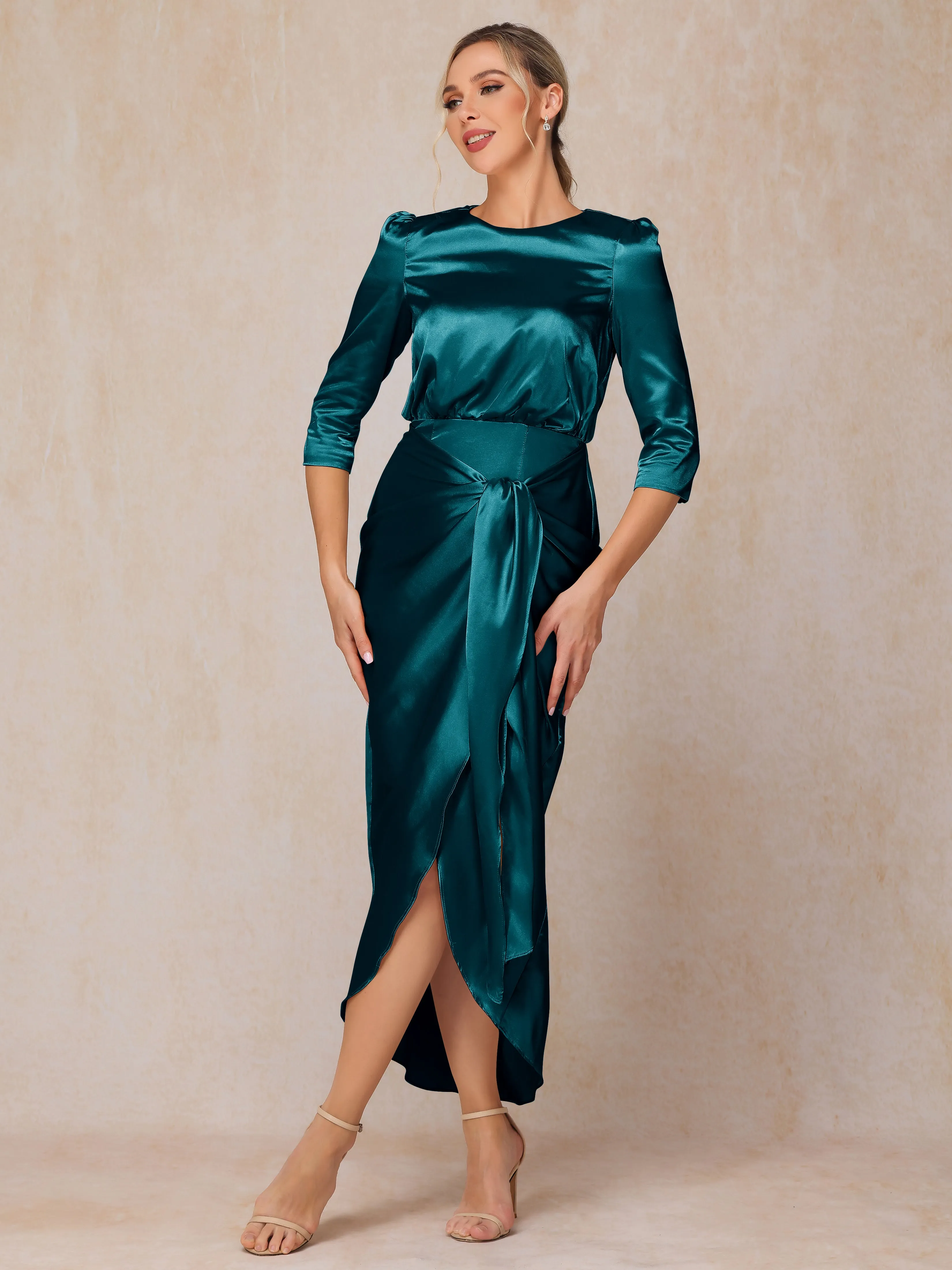 Asymmetrical Scoop 3/4 Length Sleeves Soft Satin Mother of the Bride Dresses