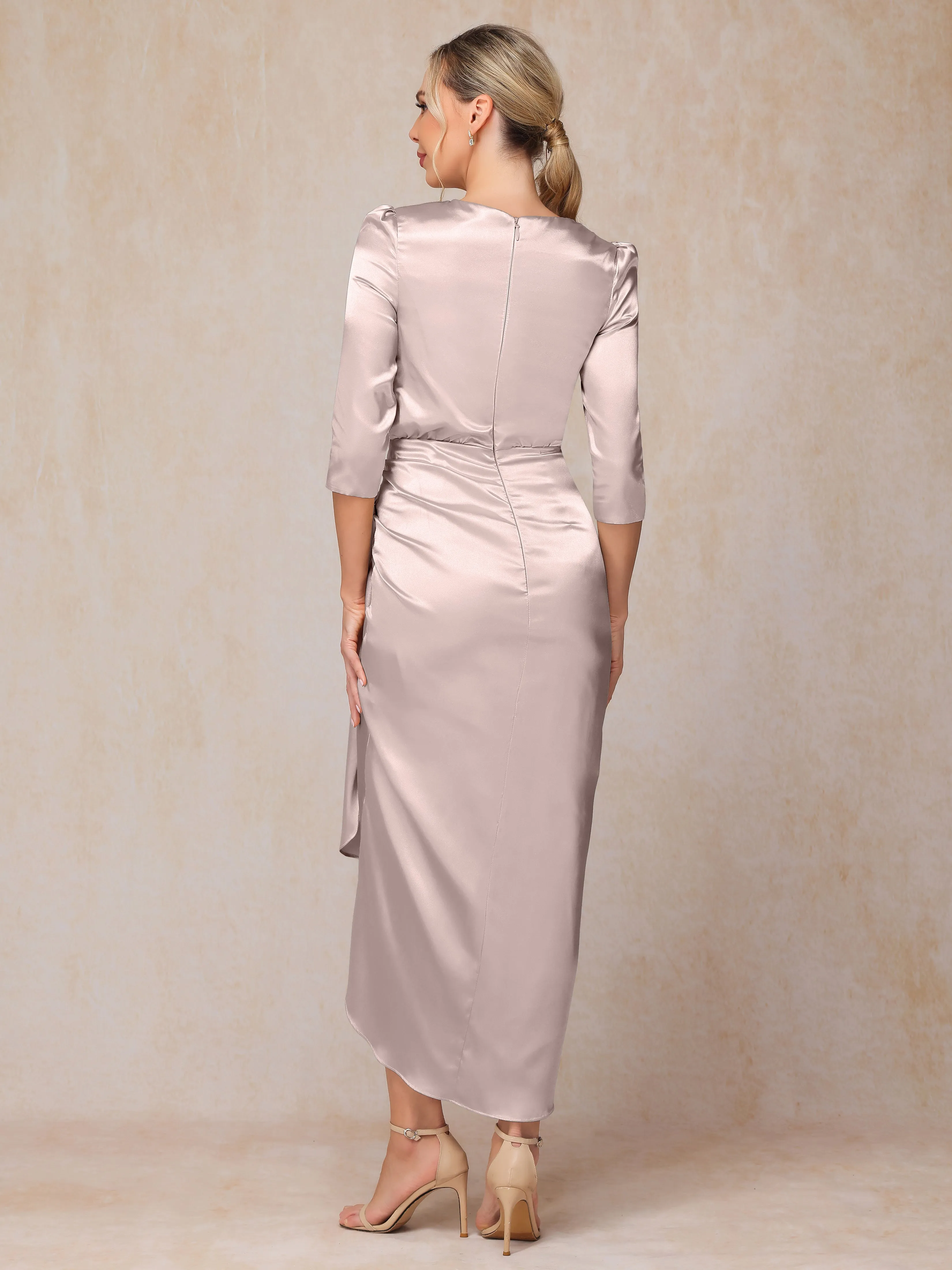 Asymmetrical Scoop 3/4 Length Sleeves Soft Satin Mother of the Bride Dresses