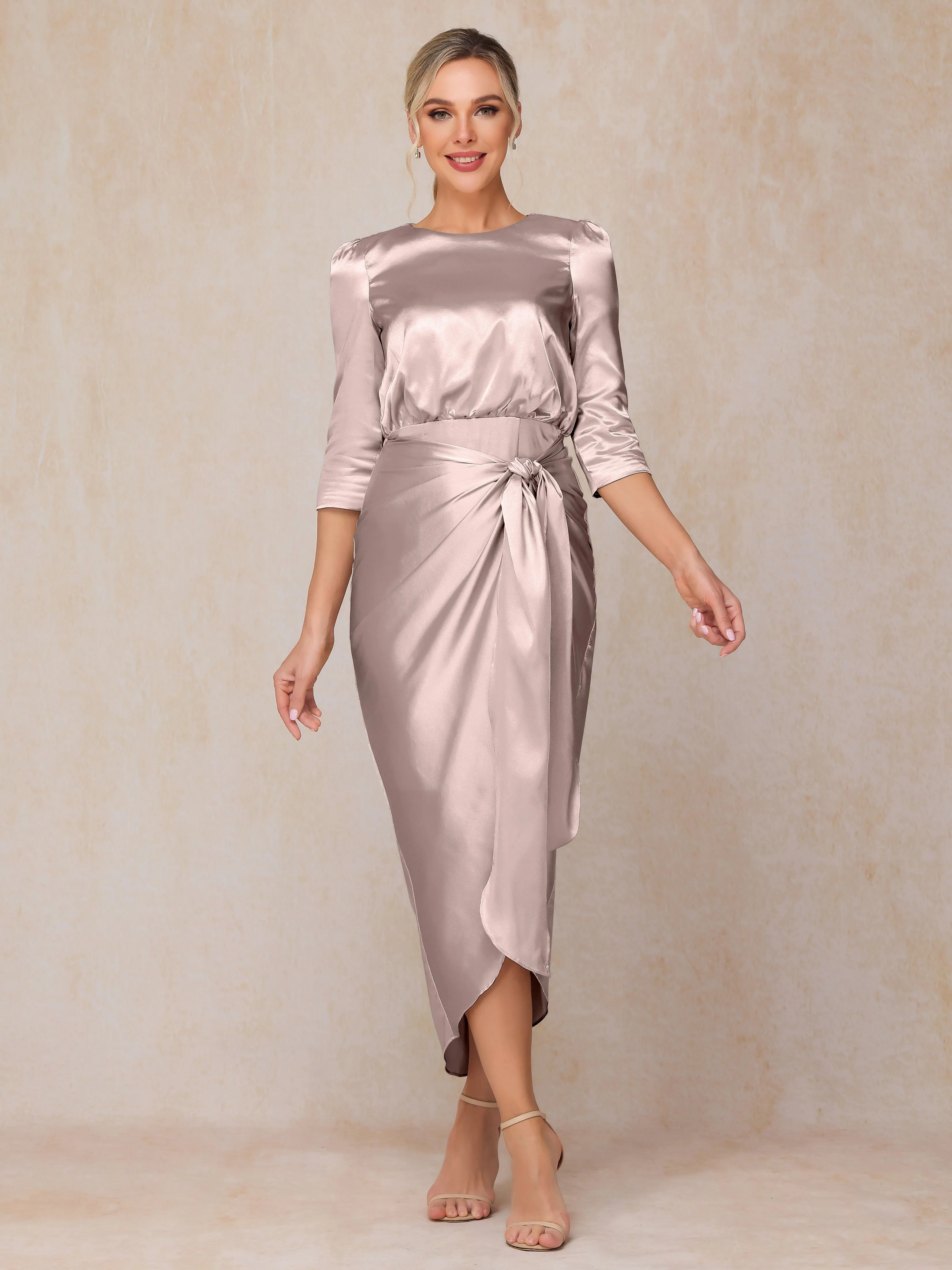 Asymmetrical Scoop 3/4 Length Sleeves Soft Satin Mother of the Bride Dresses