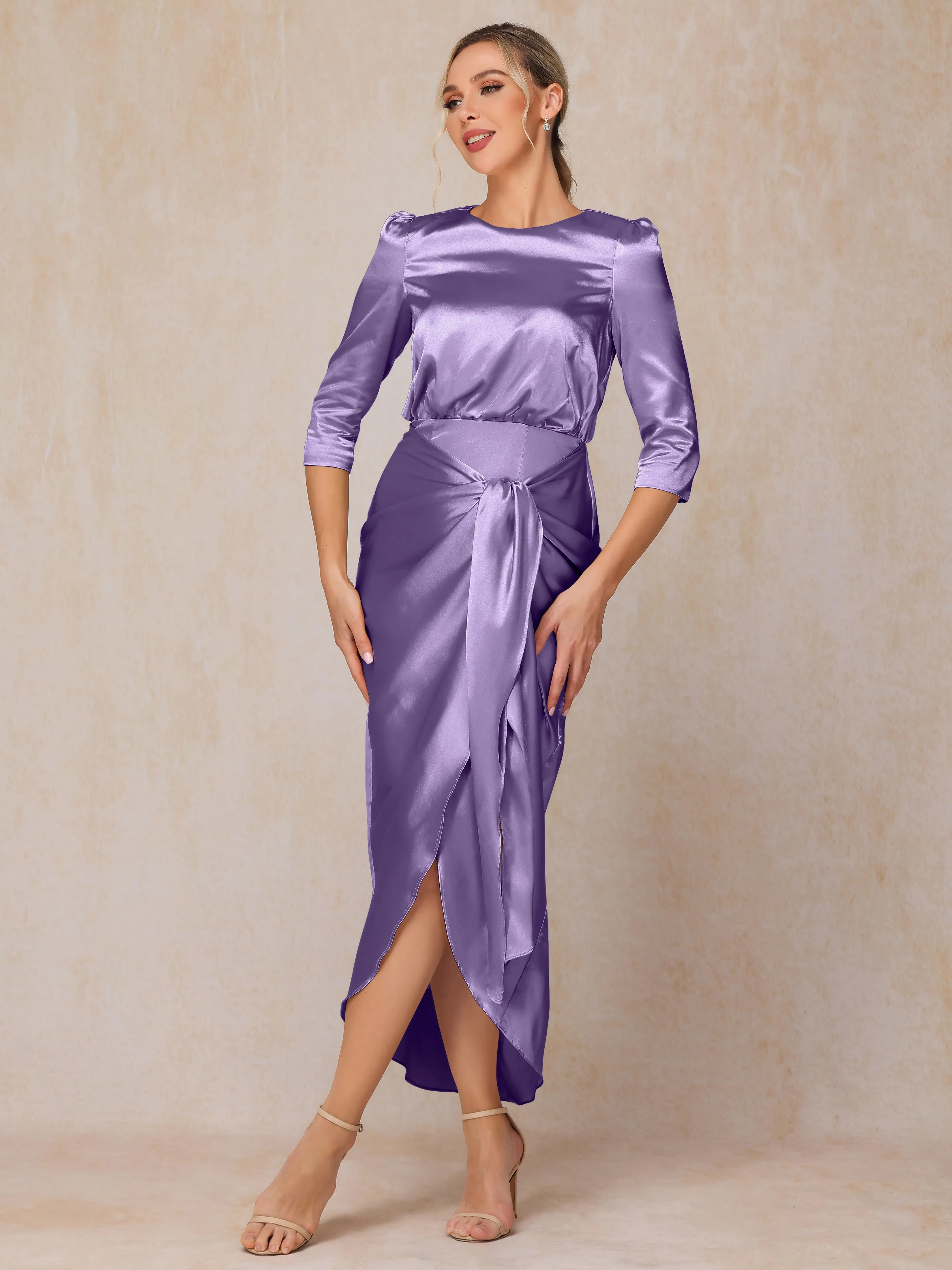 Asymmetrical Scoop 3/4 Length Sleeves Soft Satin Mother of the Bride Dresses