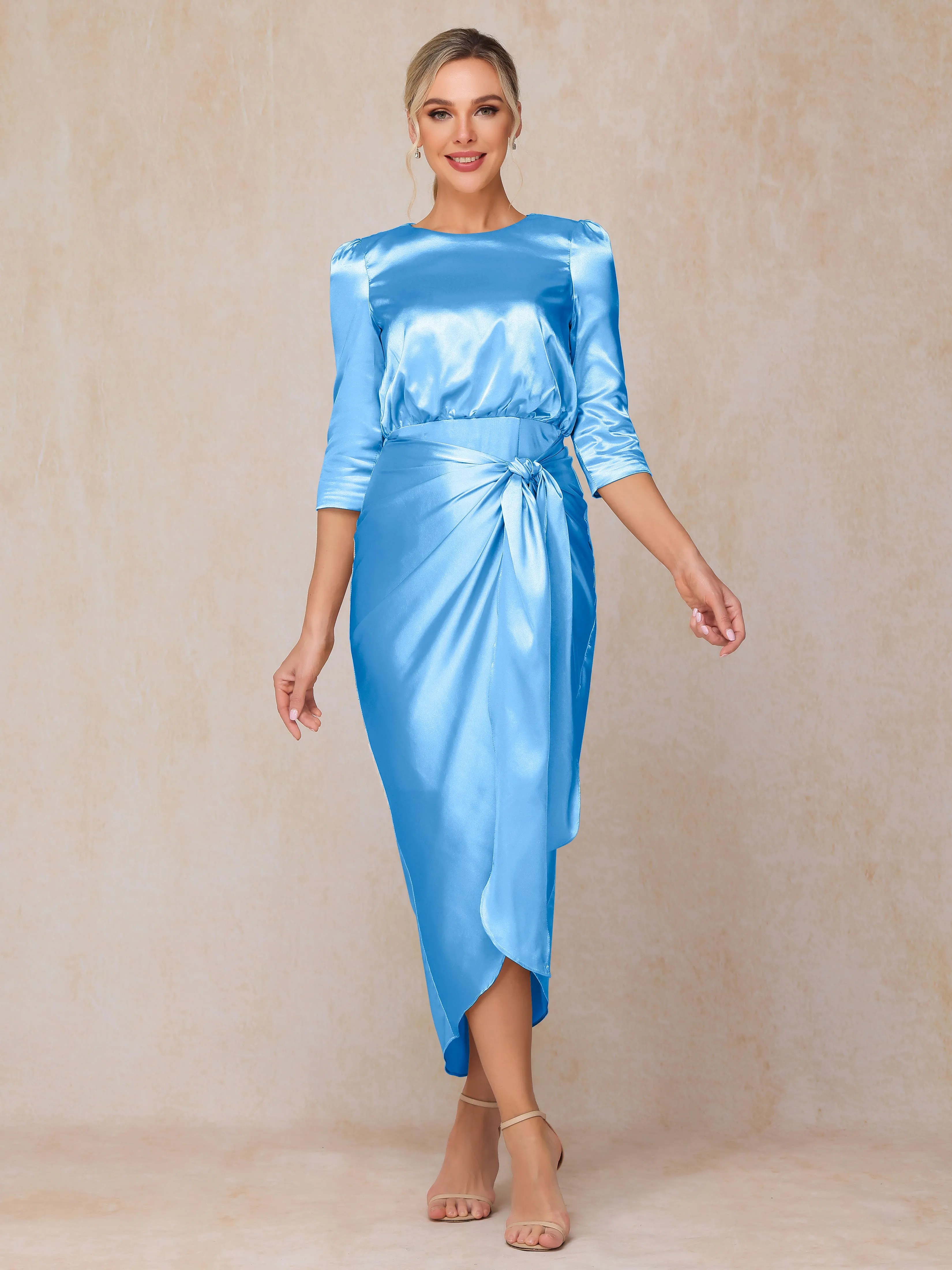 Asymmetrical Scoop 3/4 Length Sleeves Soft Satin Mother of the Bride Dresses