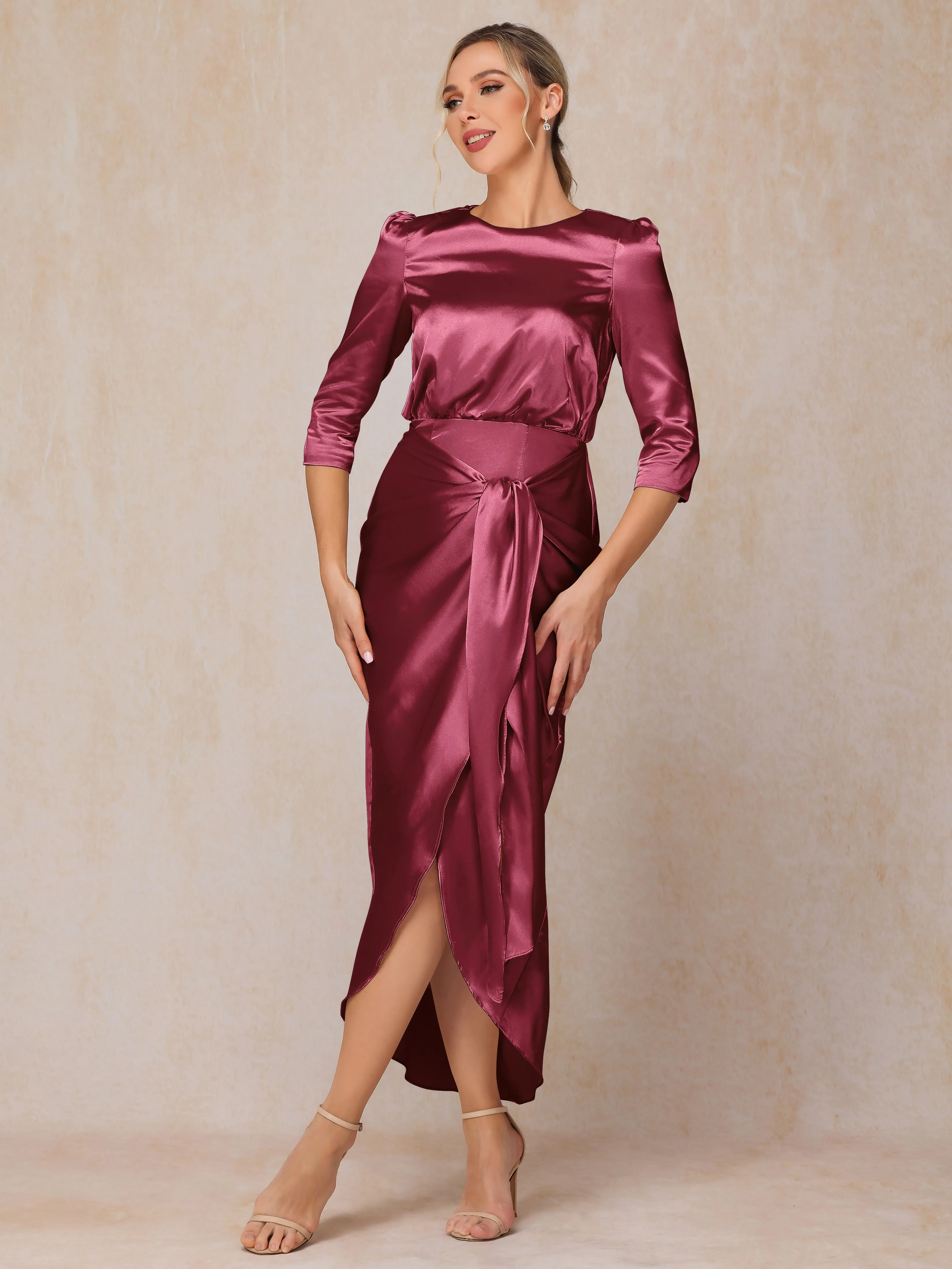 Asymmetrical Scoop 3/4 Length Sleeves Soft Satin Mother of the Bride Dresses