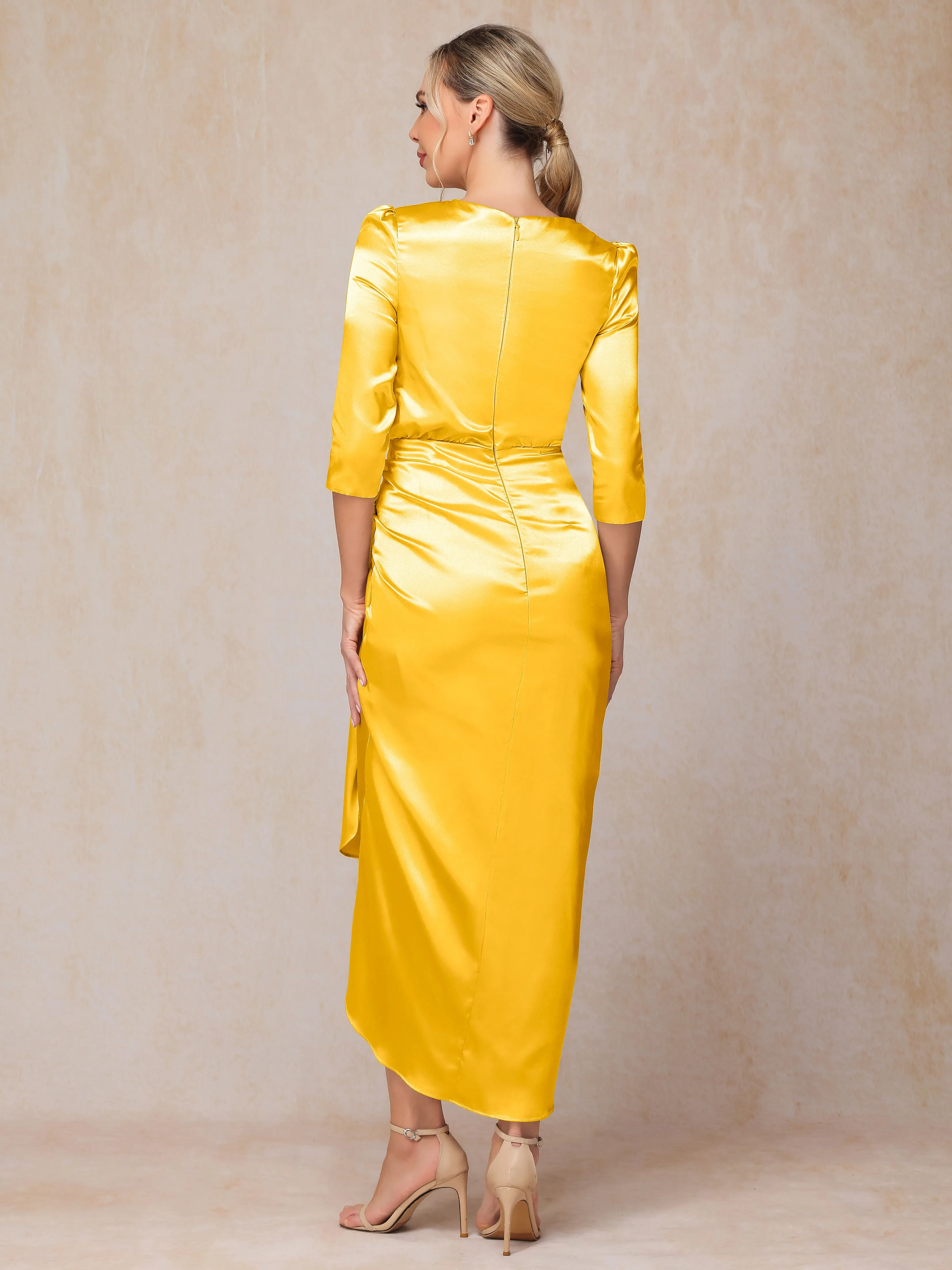 Asymmetrical Scoop 3/4 Length Sleeves Soft Satin Mother of the Bride Dresses