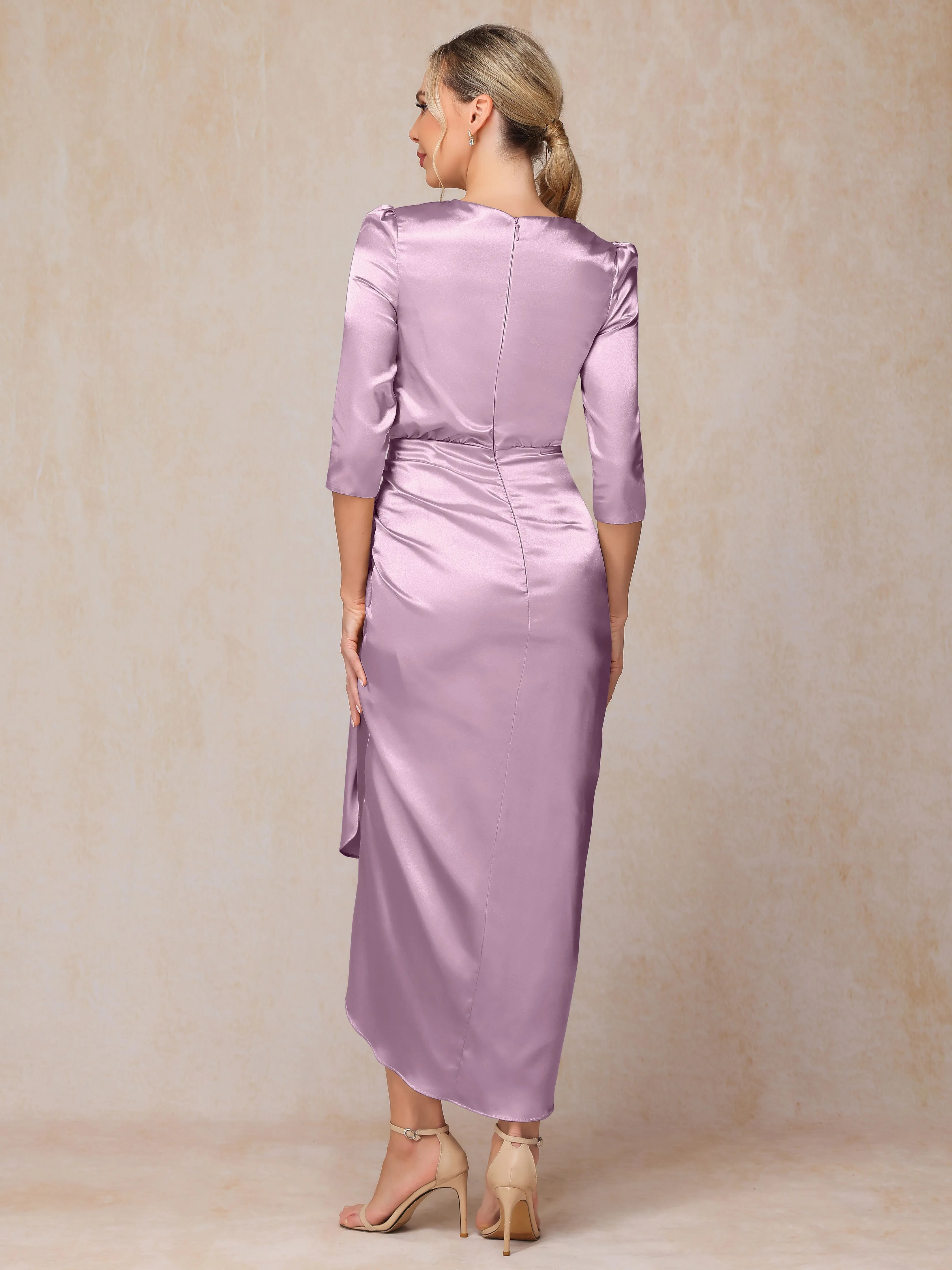 Asymmetrical Scoop 3/4 Length Sleeves Soft Satin Mother of the Bride Dresses