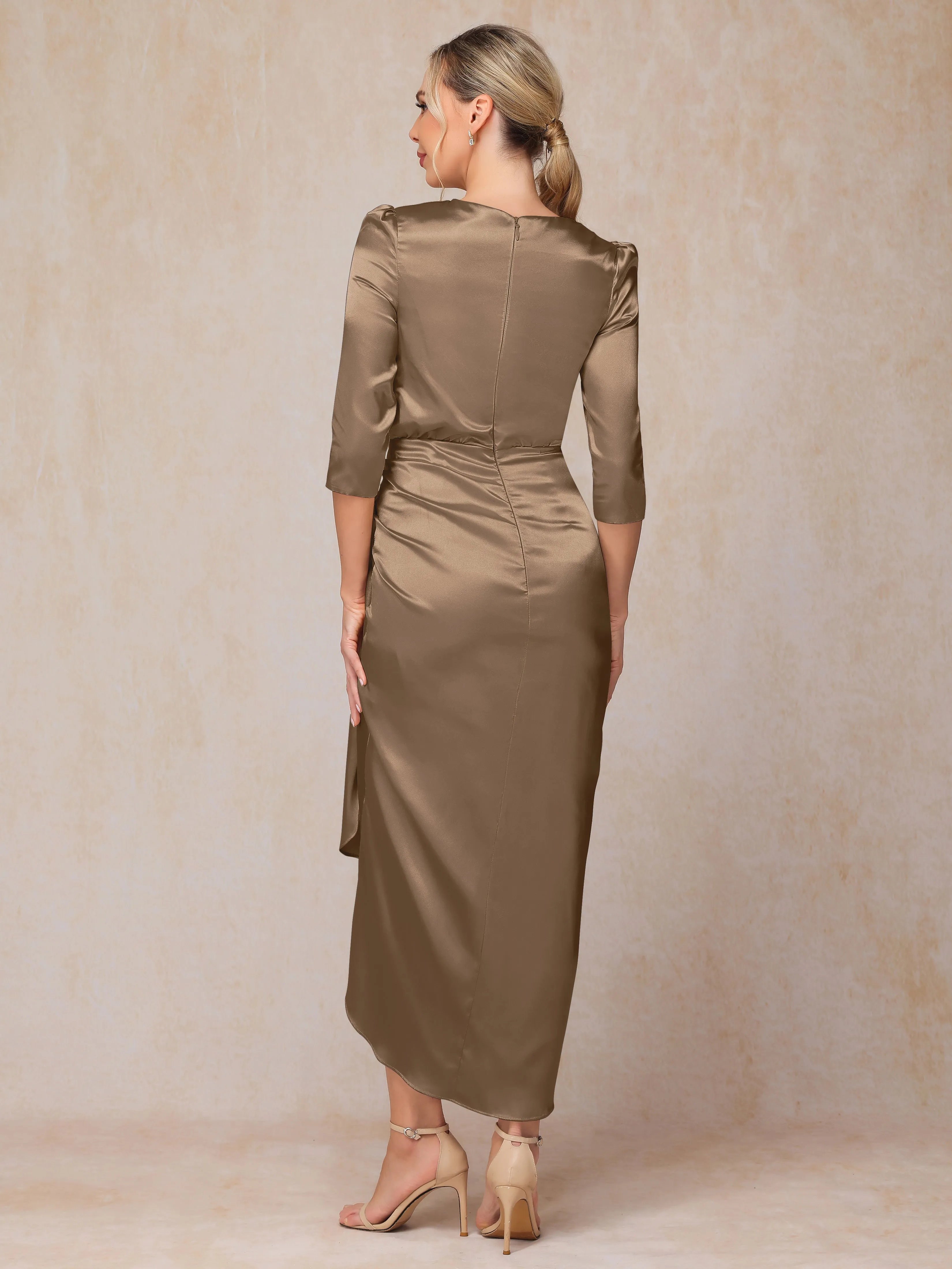 Asymmetrical Scoop 3/4 Length Sleeves Soft Satin Mother of the Bride Dresses