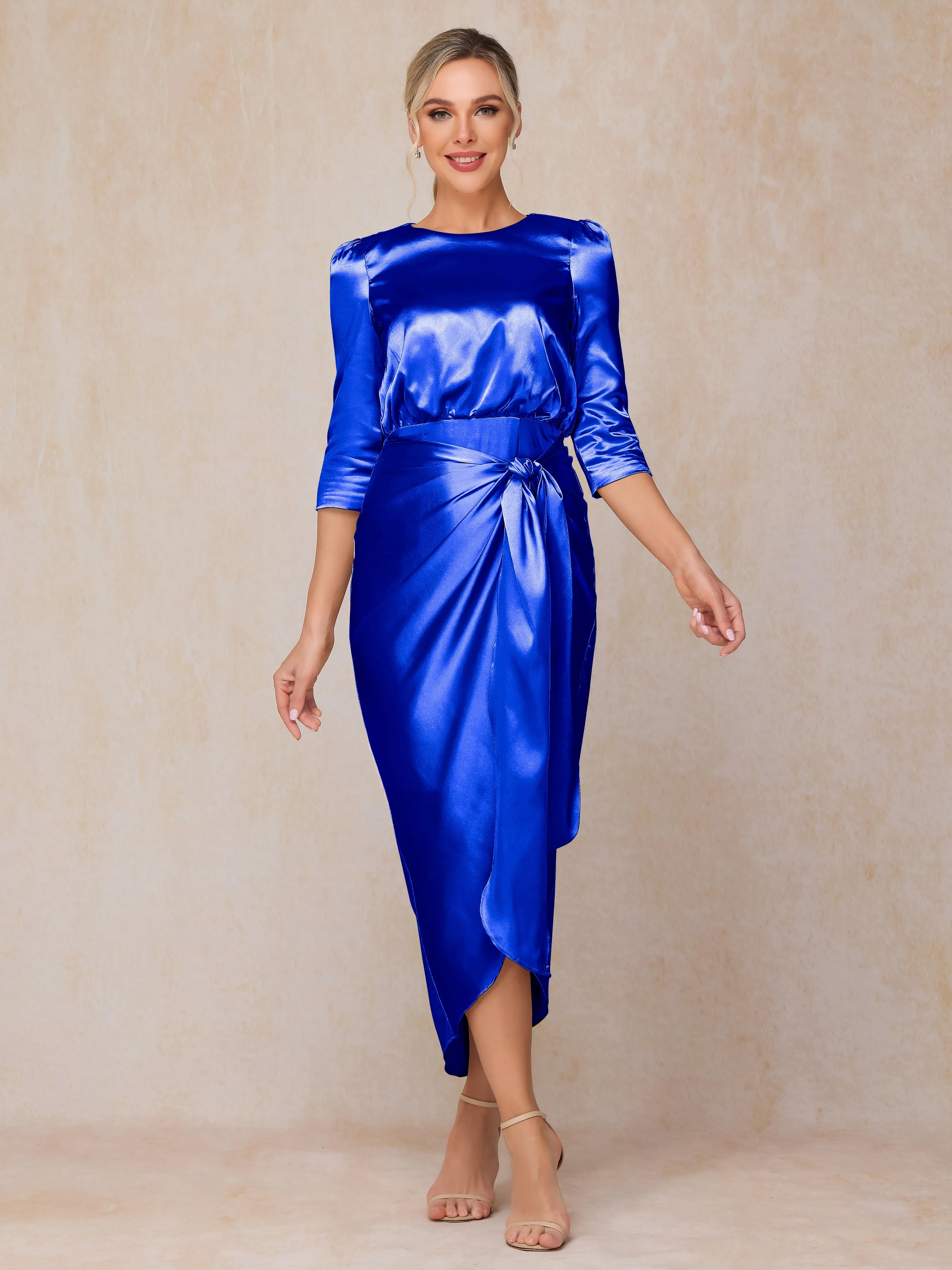 Asymmetrical Scoop 3/4 Length Sleeves Soft Satin Mother of the Bride Dresses