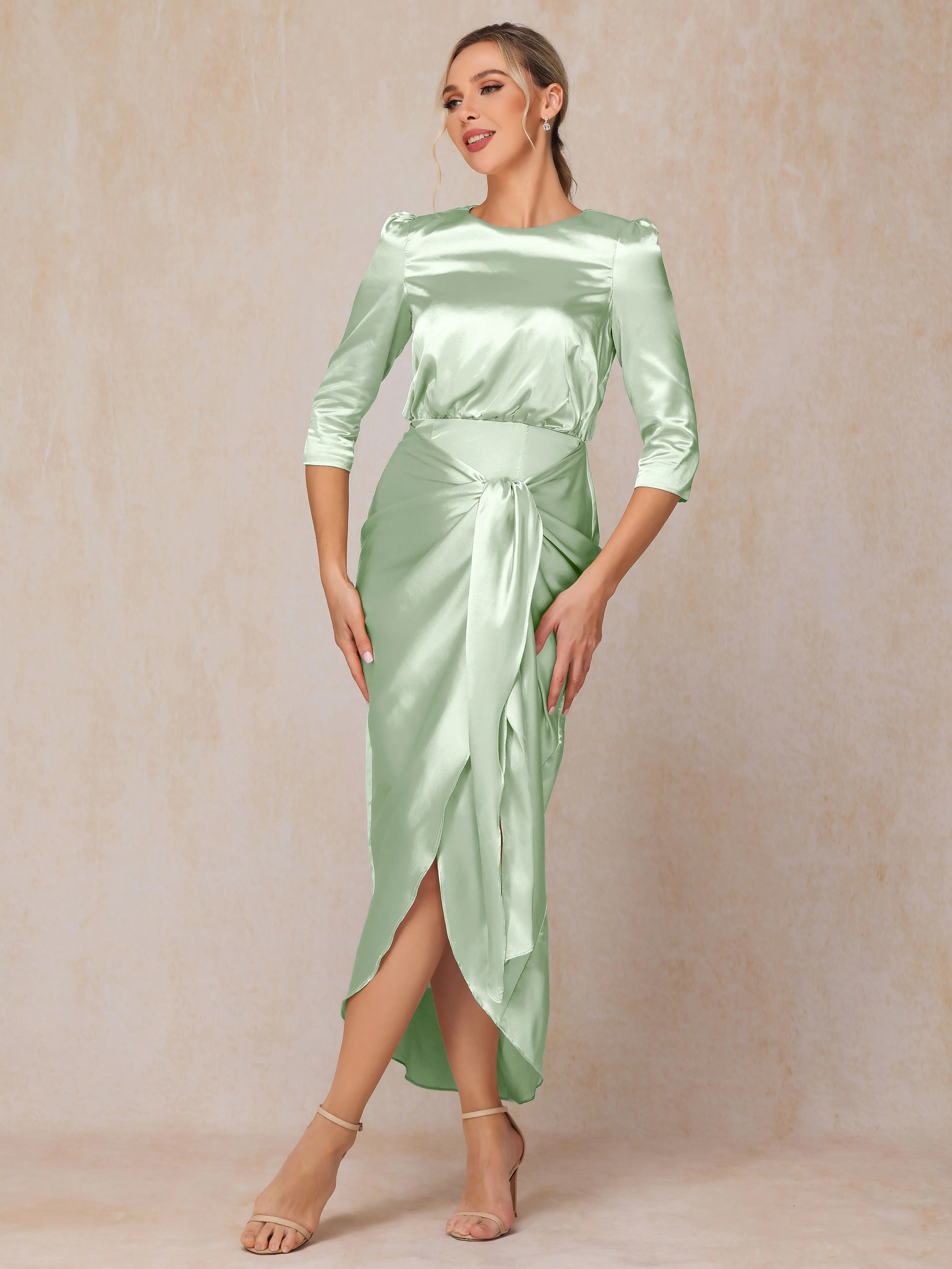 Asymmetrical Scoop 3/4 Length Sleeves Soft Satin Mother of the Bride Dresses