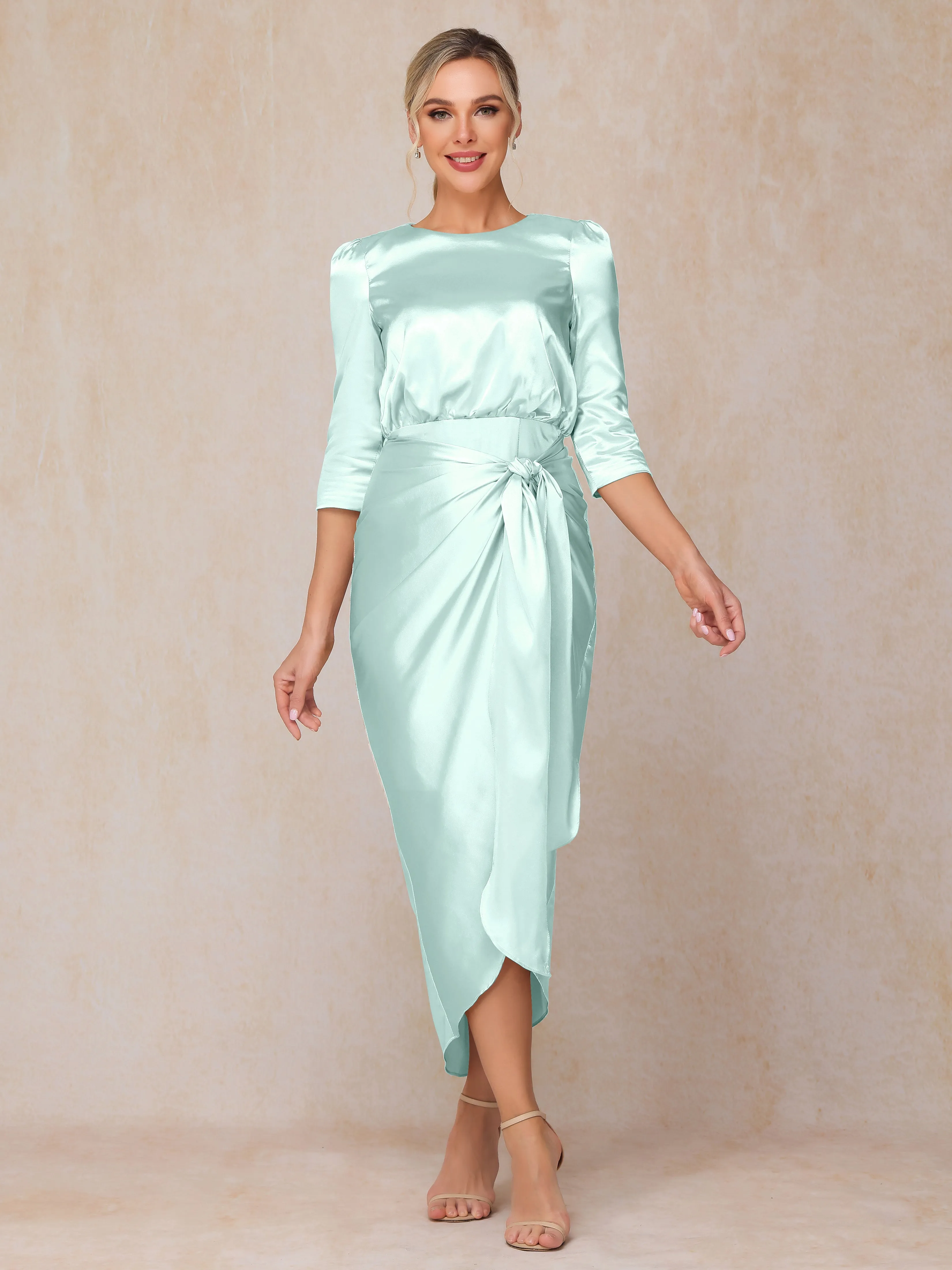 Asymmetrical Scoop 3/4 Length Sleeves Soft Satin Mother of the Bride Dresses