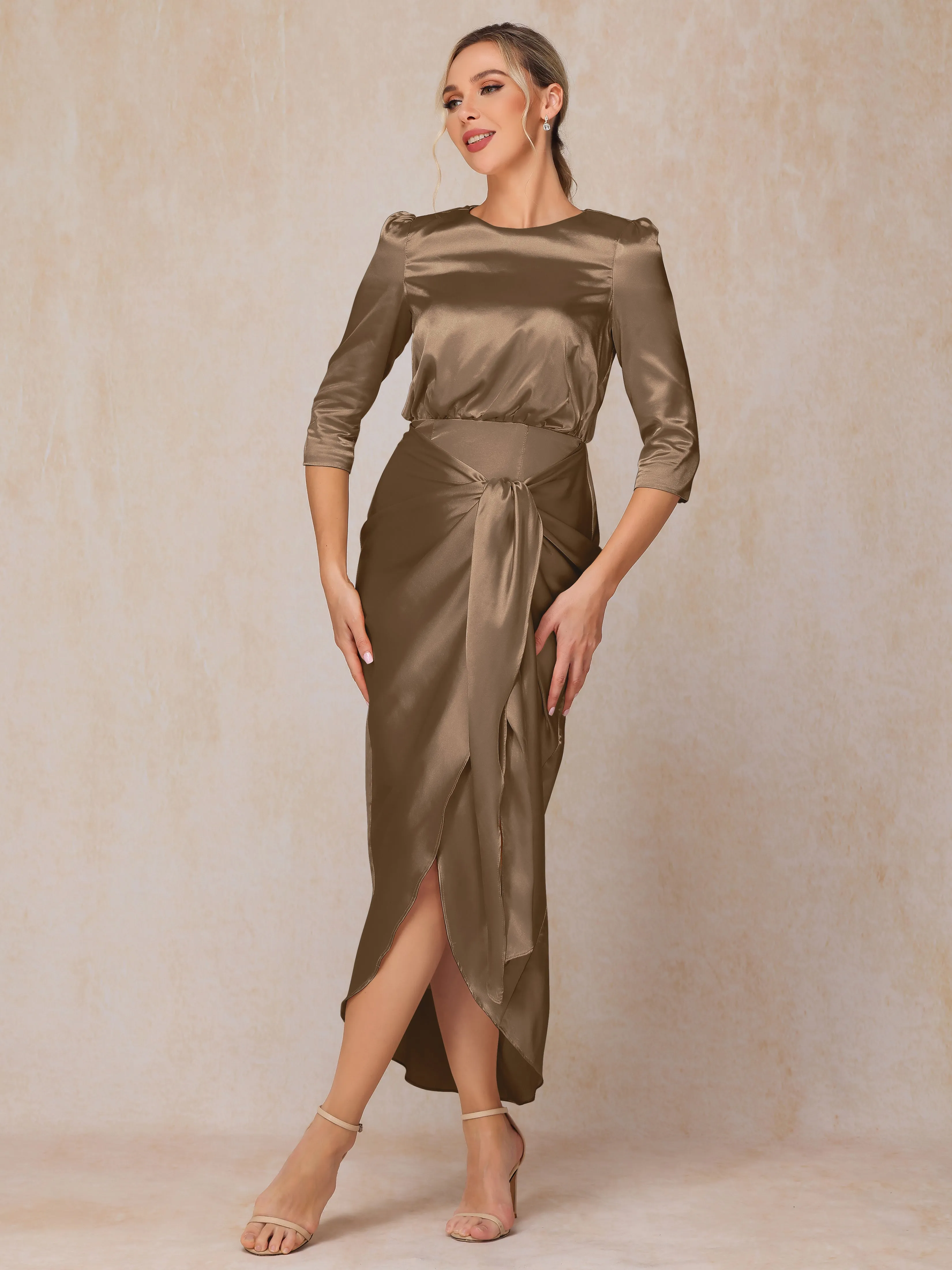 Asymmetrical Scoop 3/4 Length Sleeves Soft Satin Mother of the Bride Dresses