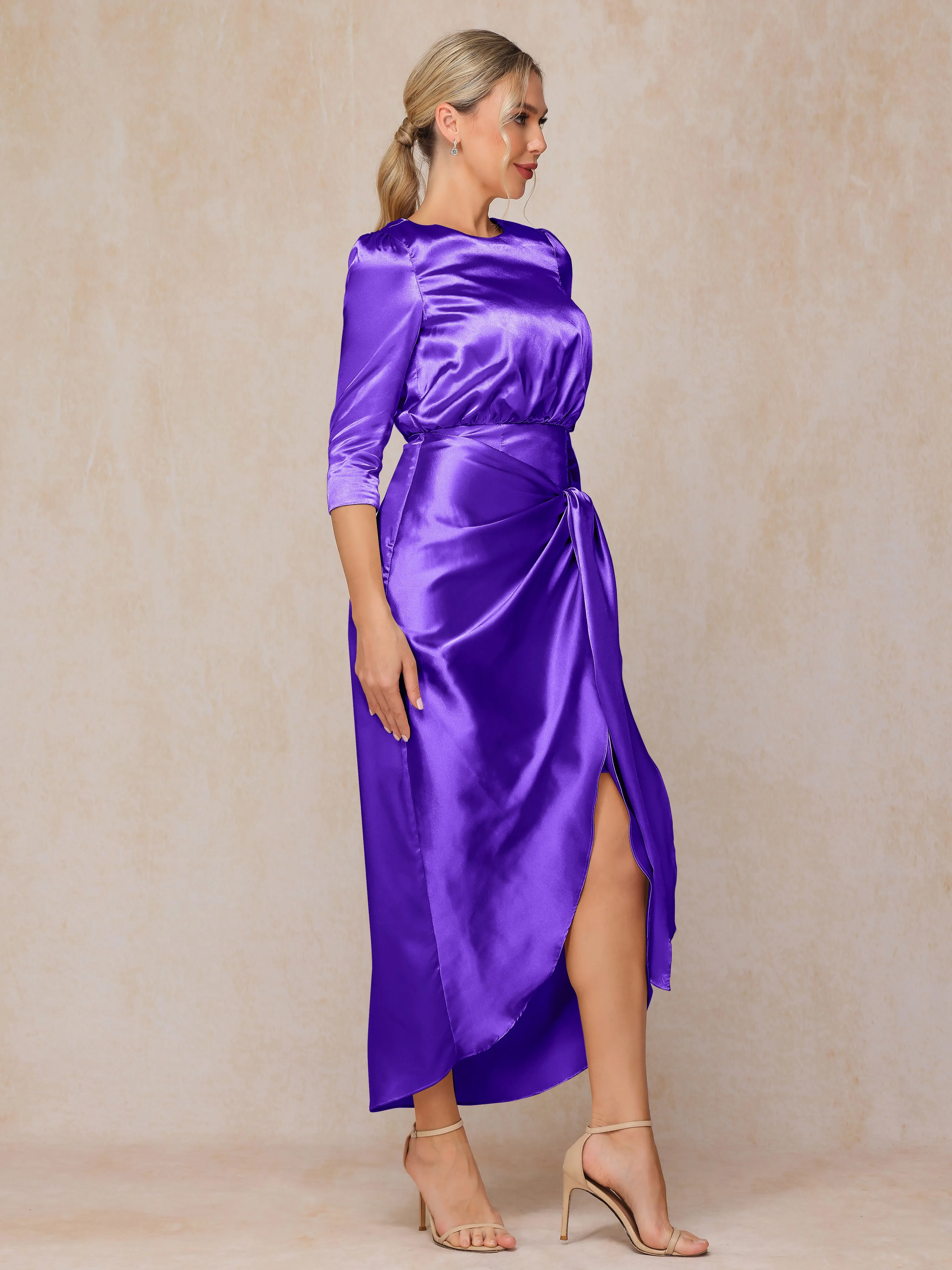 Asymmetrical Scoop 3/4 Length Sleeves Soft Satin Mother of the Bride Dresses