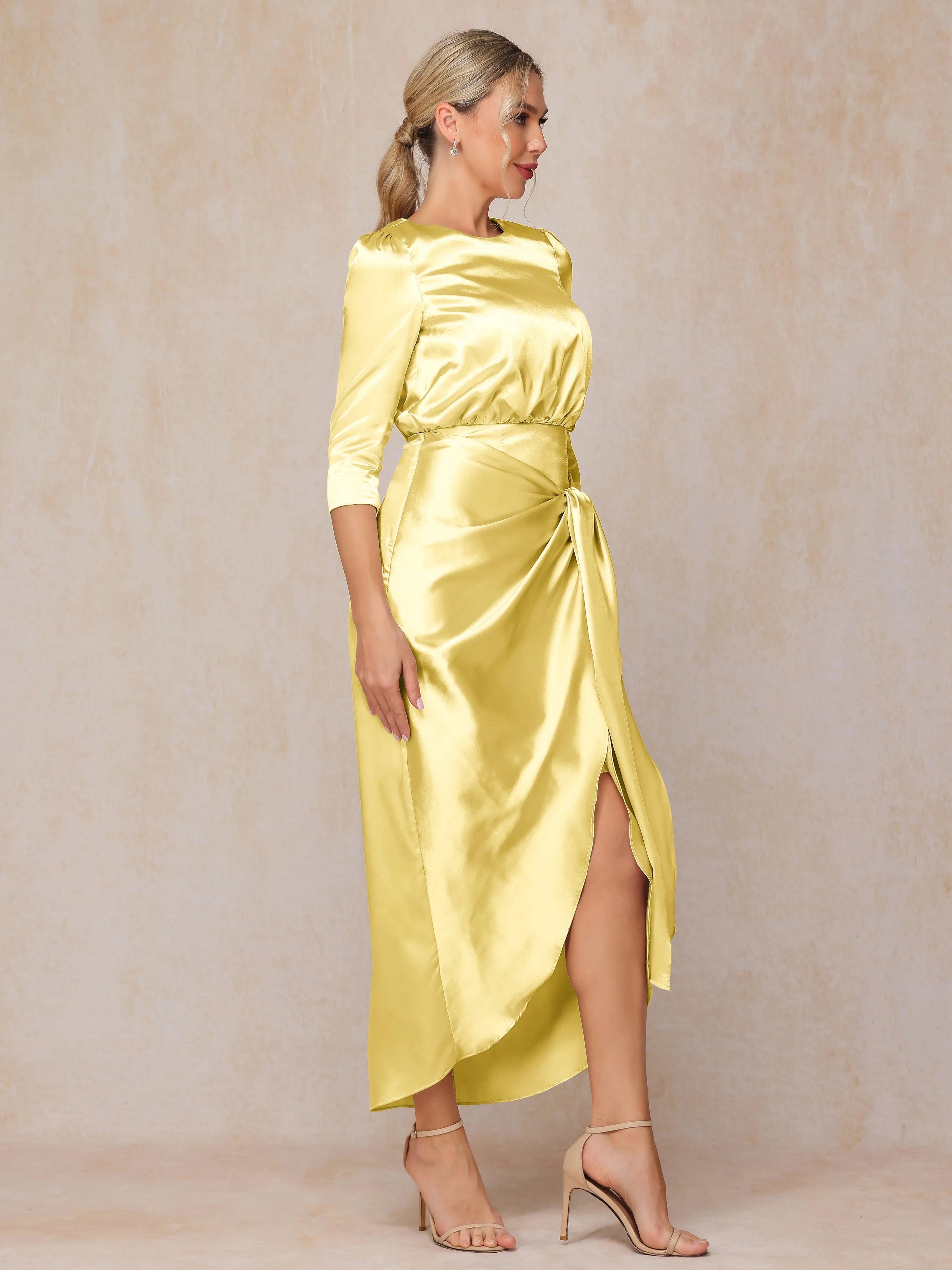 Asymmetrical Scoop 3/4 Length Sleeves Soft Satin Mother of the Bride Dresses