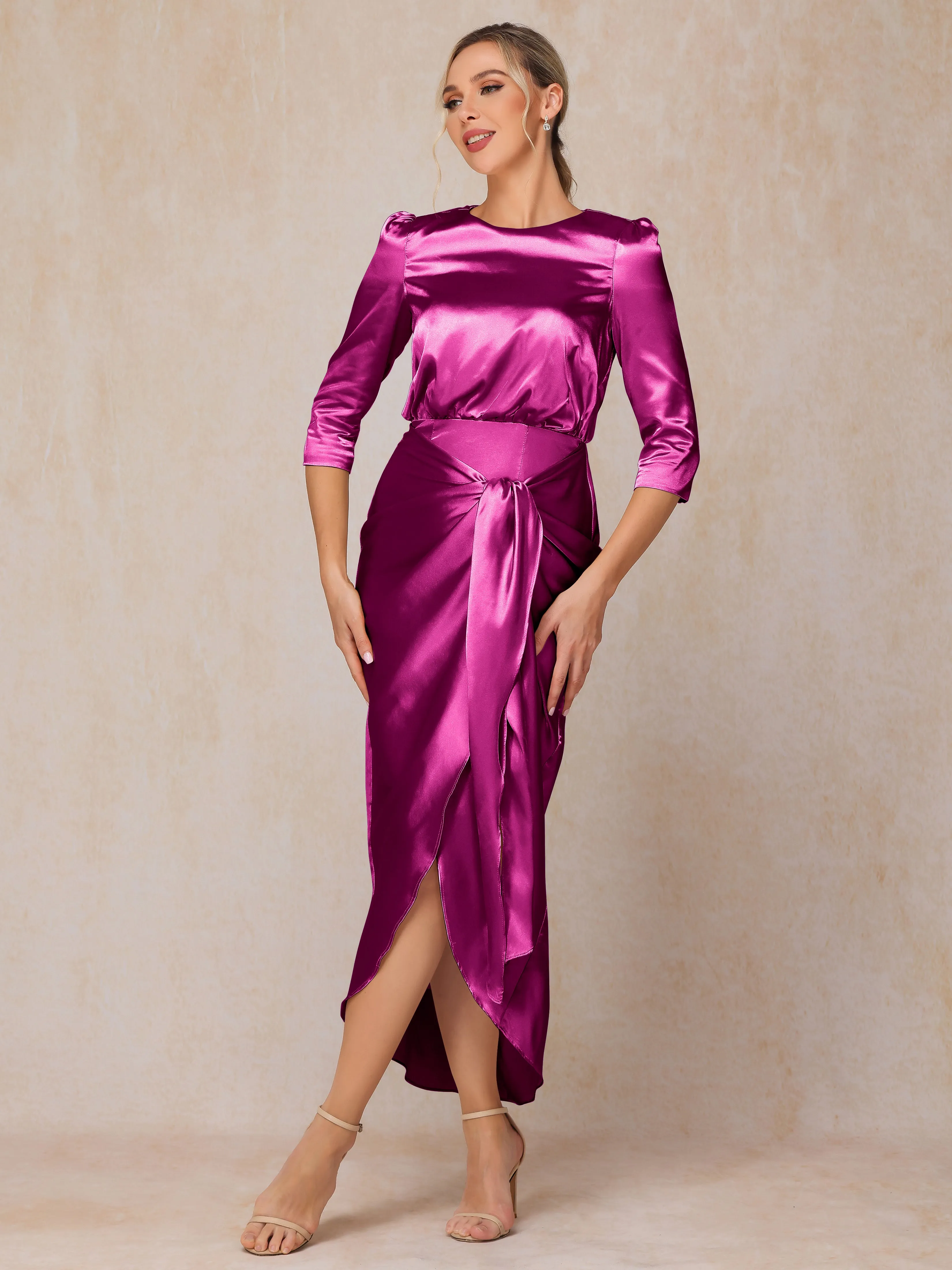 Asymmetrical Scoop 3/4 Length Sleeves Soft Satin Mother of the Bride Dresses