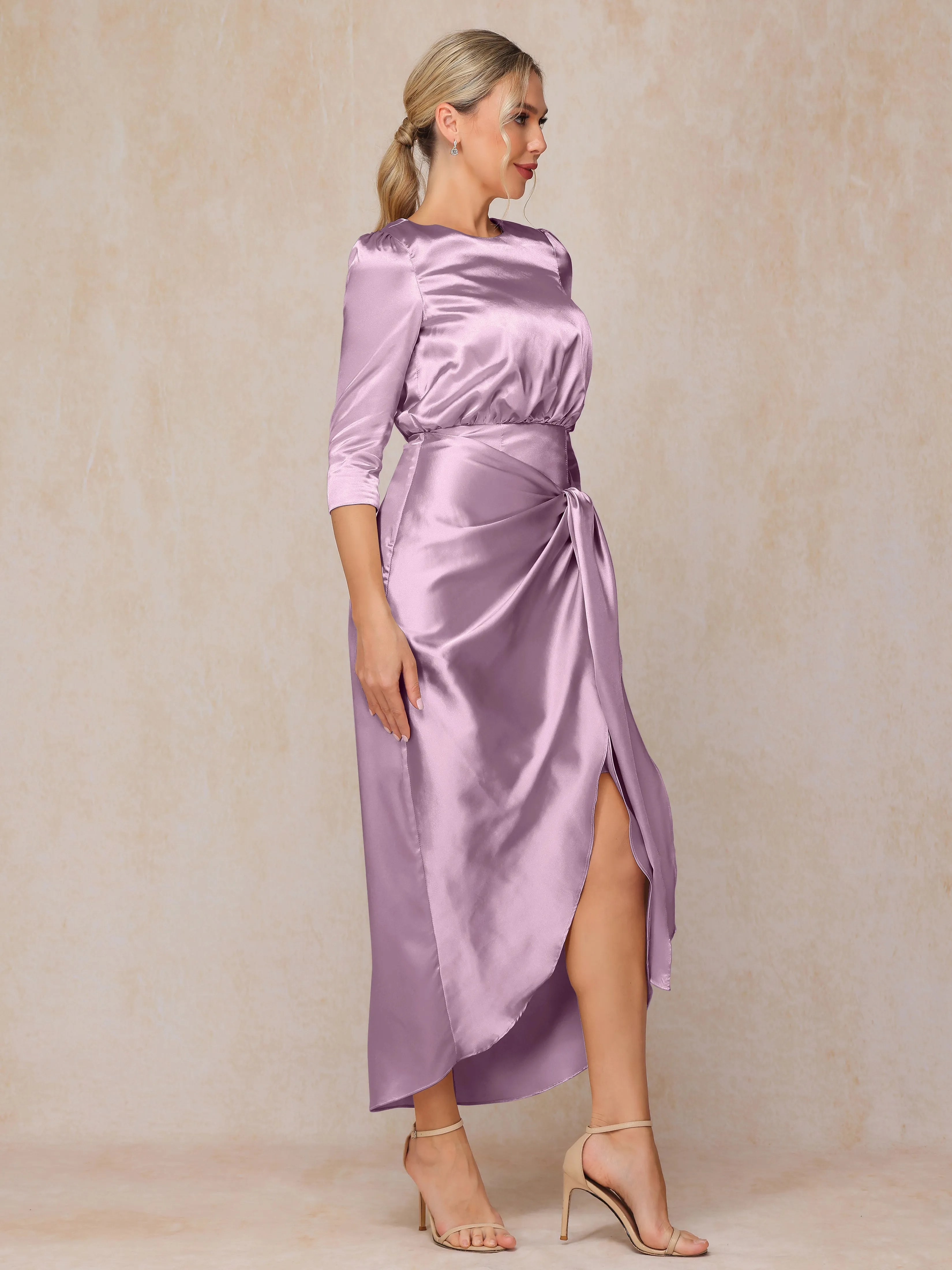 Asymmetrical Scoop 3/4 Length Sleeves Soft Satin Mother of the Bride Dresses