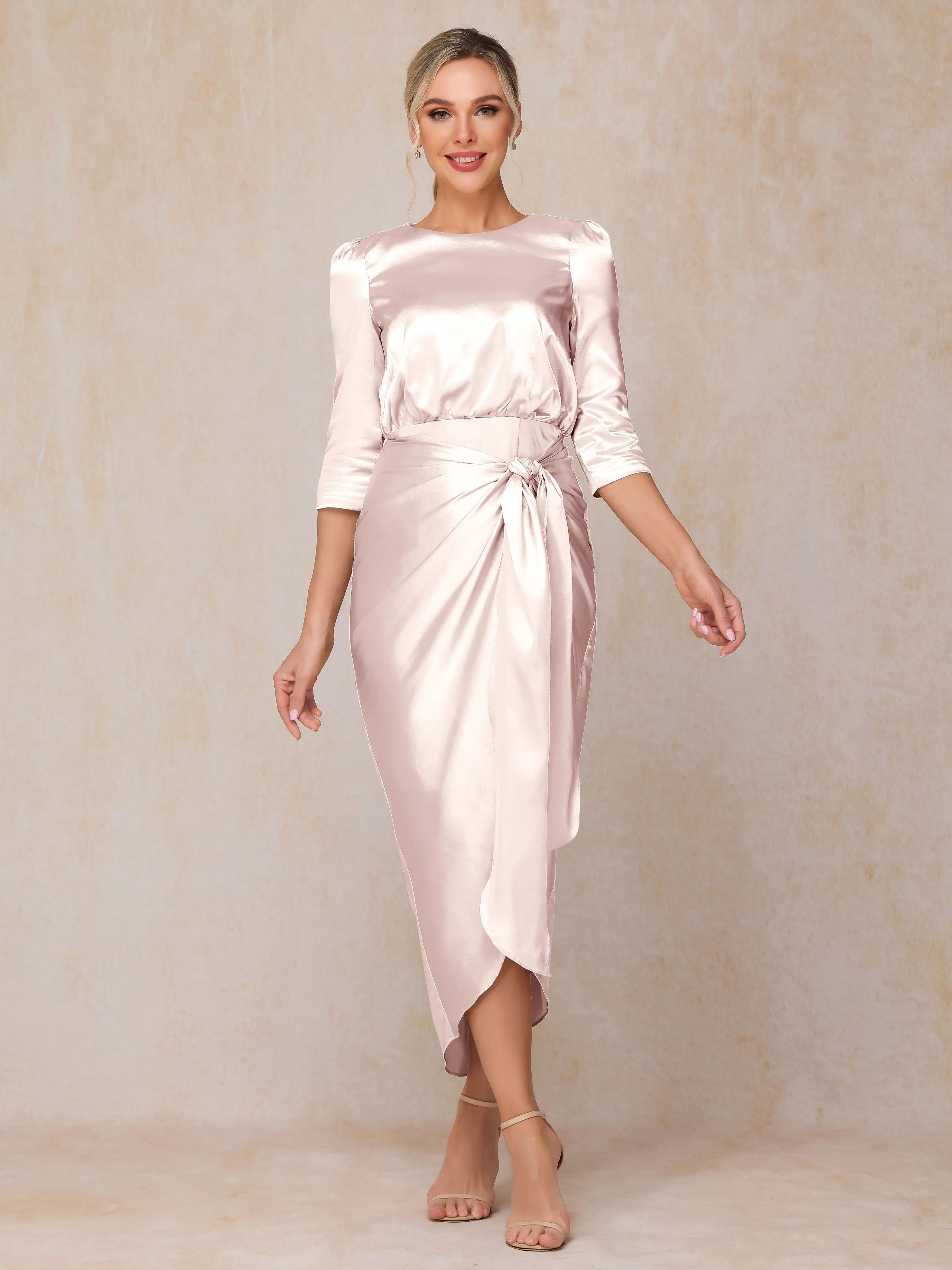 Asymmetrical Scoop 3/4 Length Sleeves Soft Satin Mother of the Bride Dresses