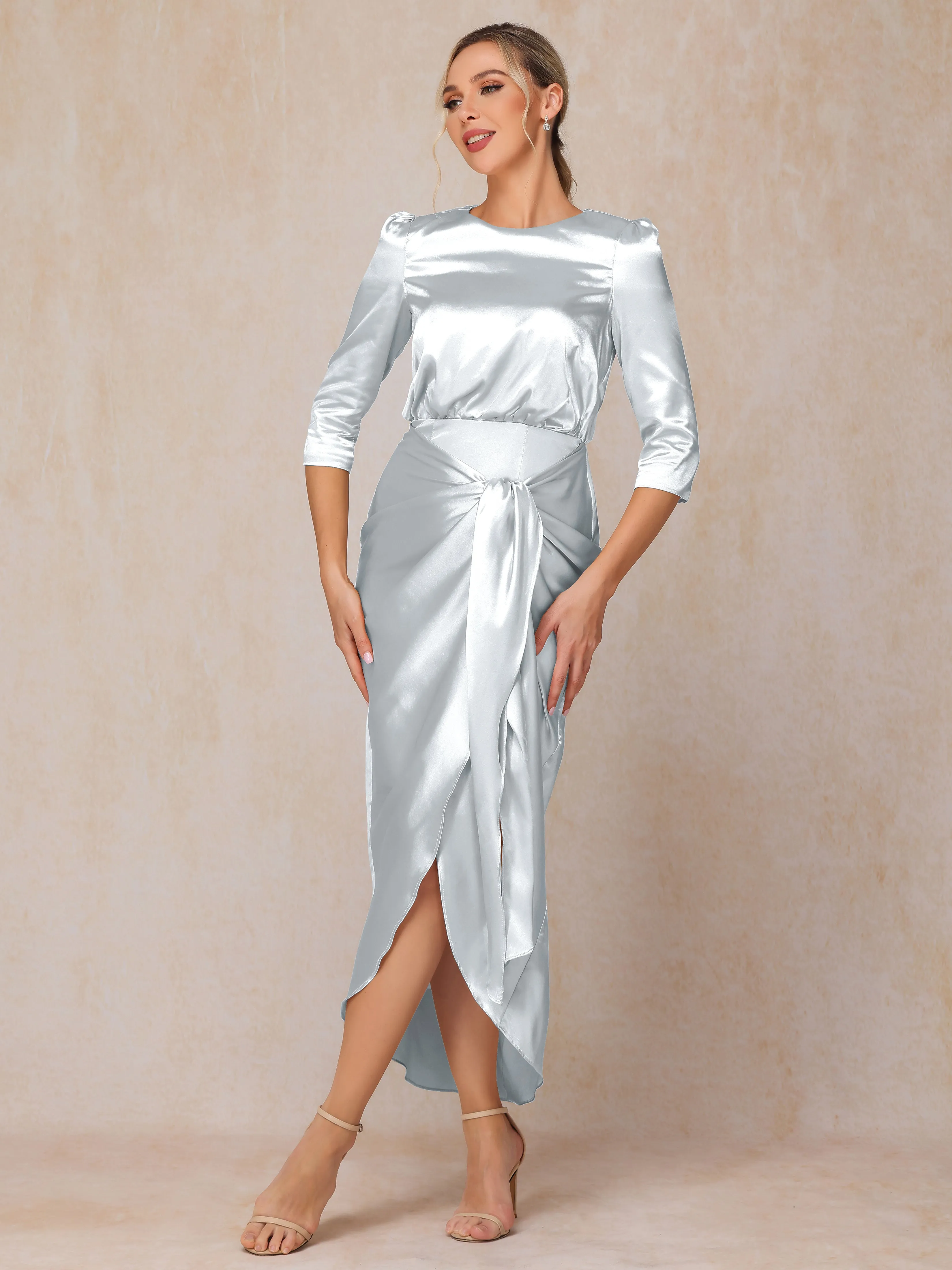 Asymmetrical Scoop 3/4 Length Sleeves Soft Satin Mother of the Bride Dresses