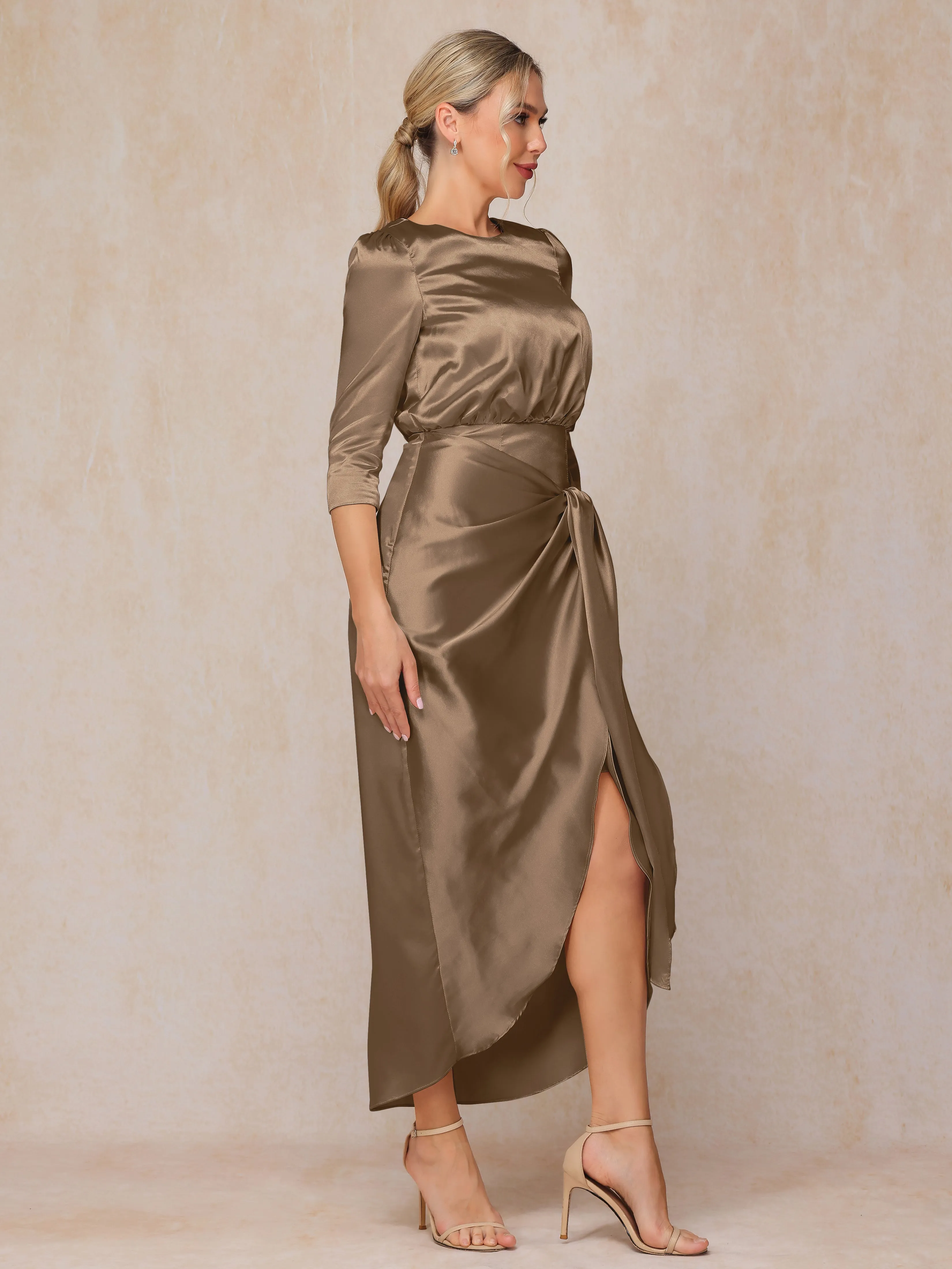 Asymmetrical Scoop 3/4 Length Sleeves Soft Satin Mother of the Bride Dresses