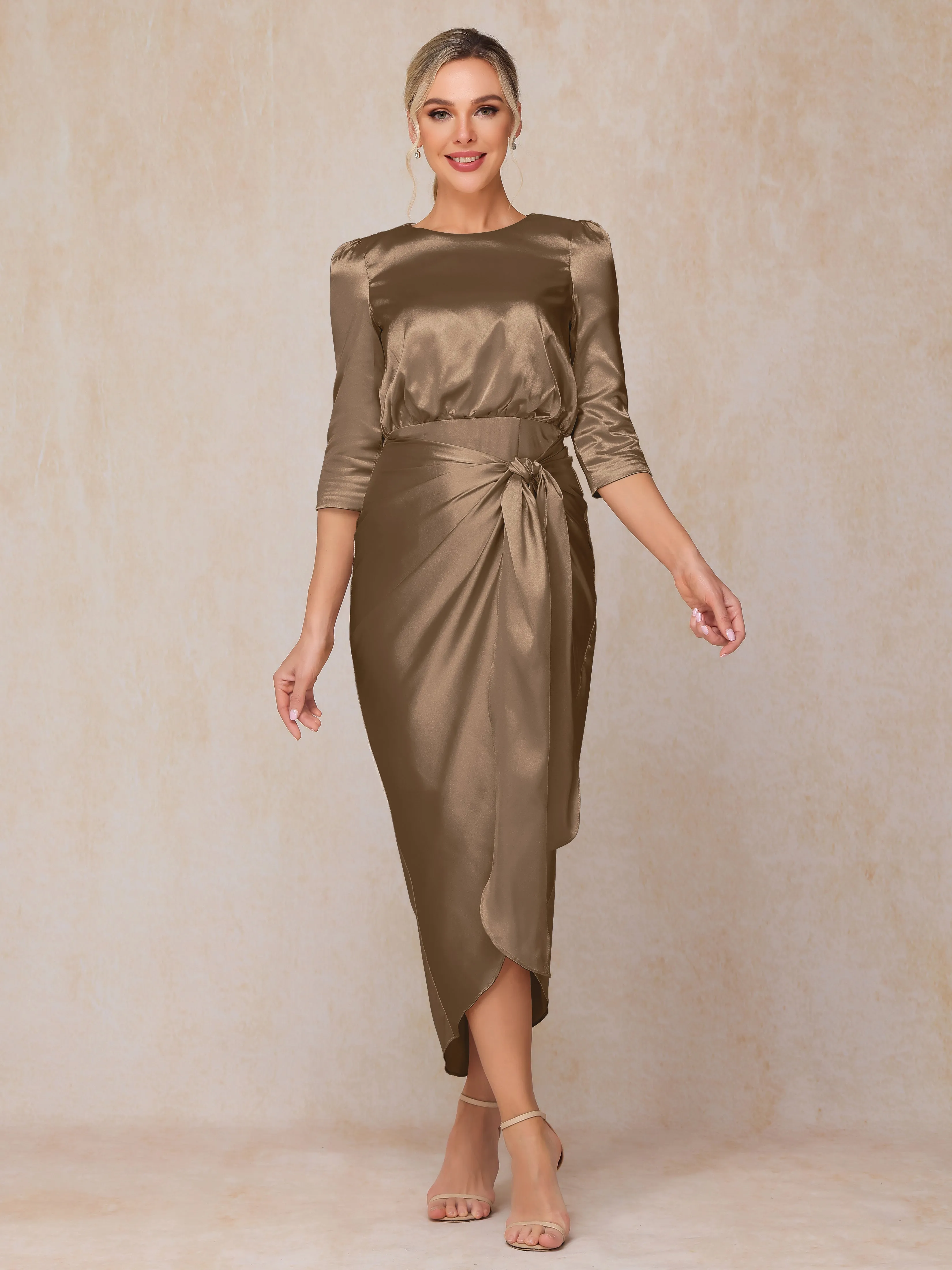 Asymmetrical Scoop 3/4 Length Sleeves Soft Satin Mother of the Bride Dresses