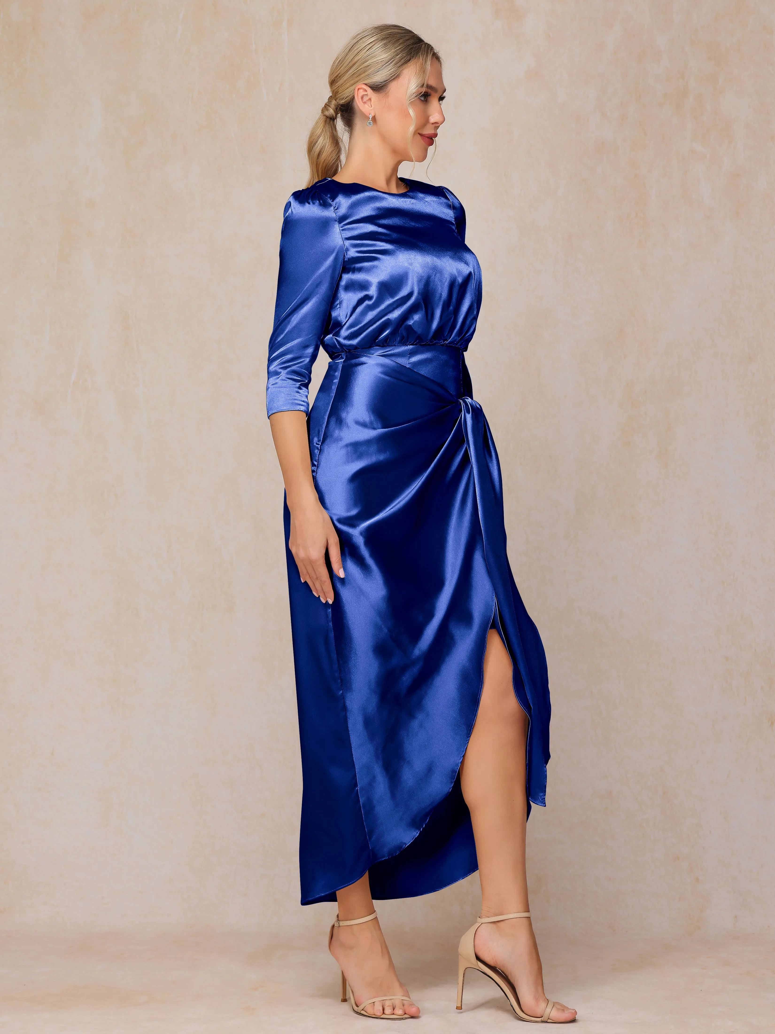 Asymmetrical Scoop 3/4 Length Sleeves Soft Satin Mother of the Bride Dresses