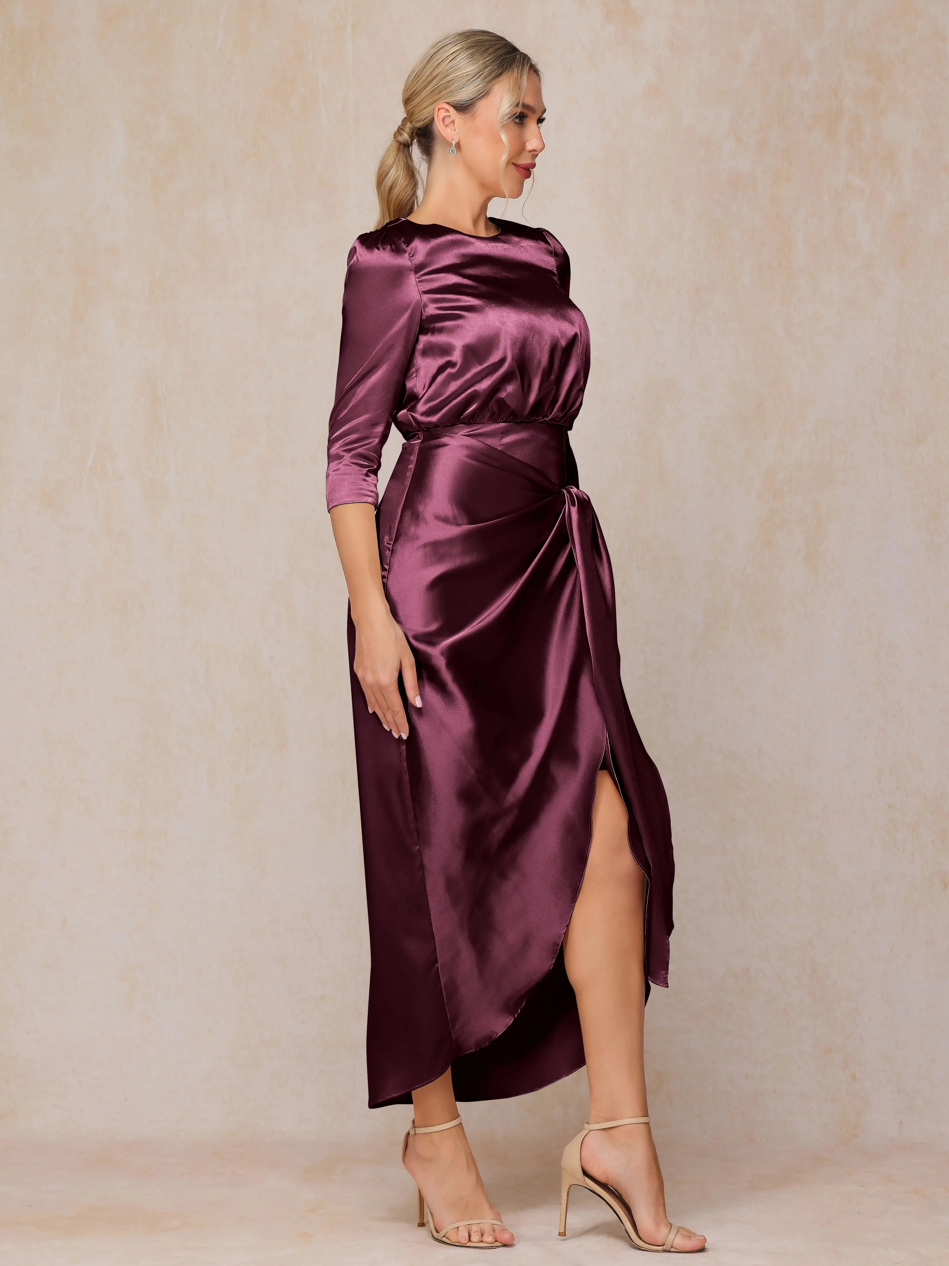 Asymmetrical Scoop 3/4 Length Sleeves Soft Satin Mother of the Bride Dresses