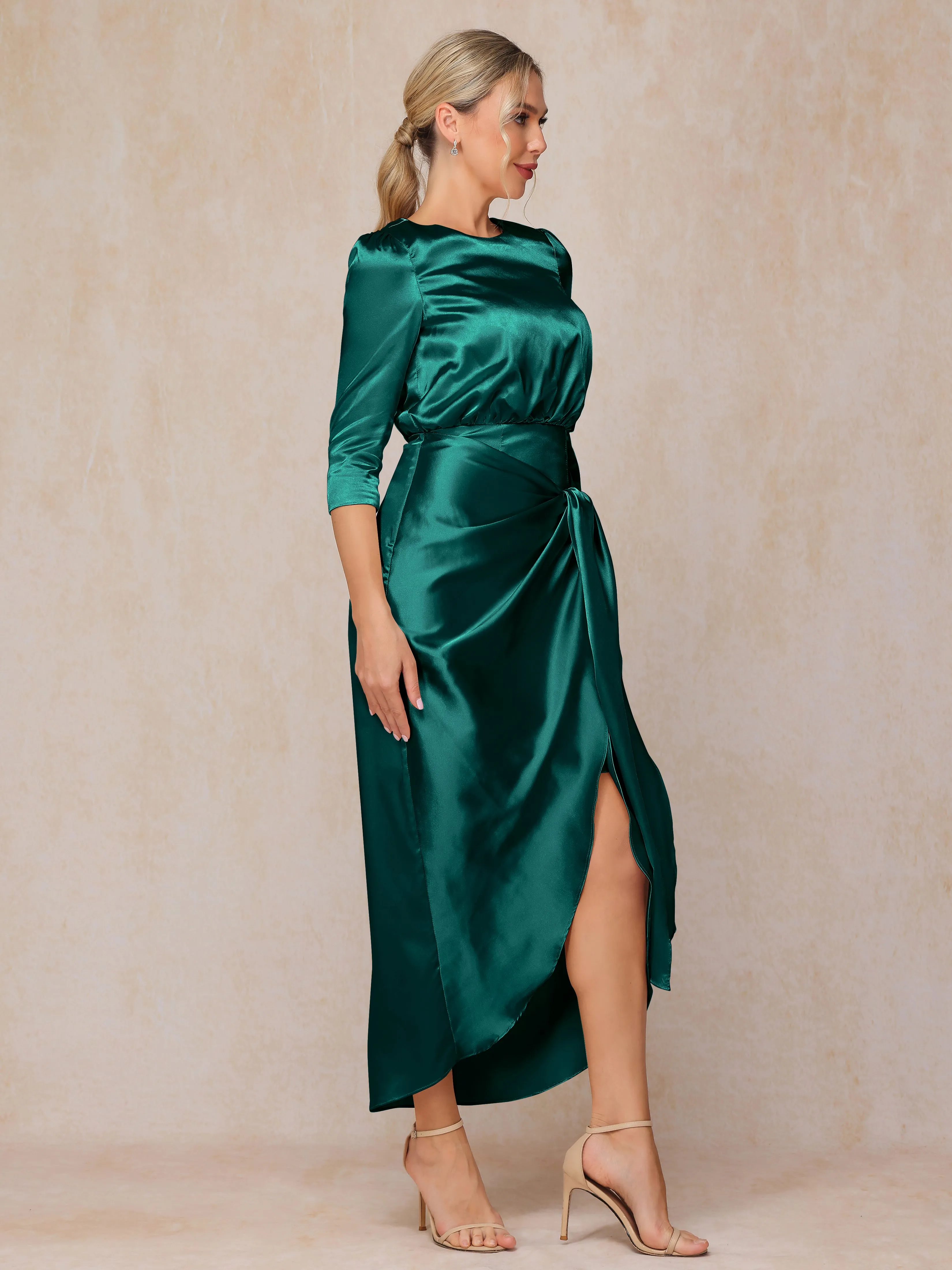 Asymmetrical Scoop 3/4 Length Sleeves Soft Satin Mother of the Bride Dresses