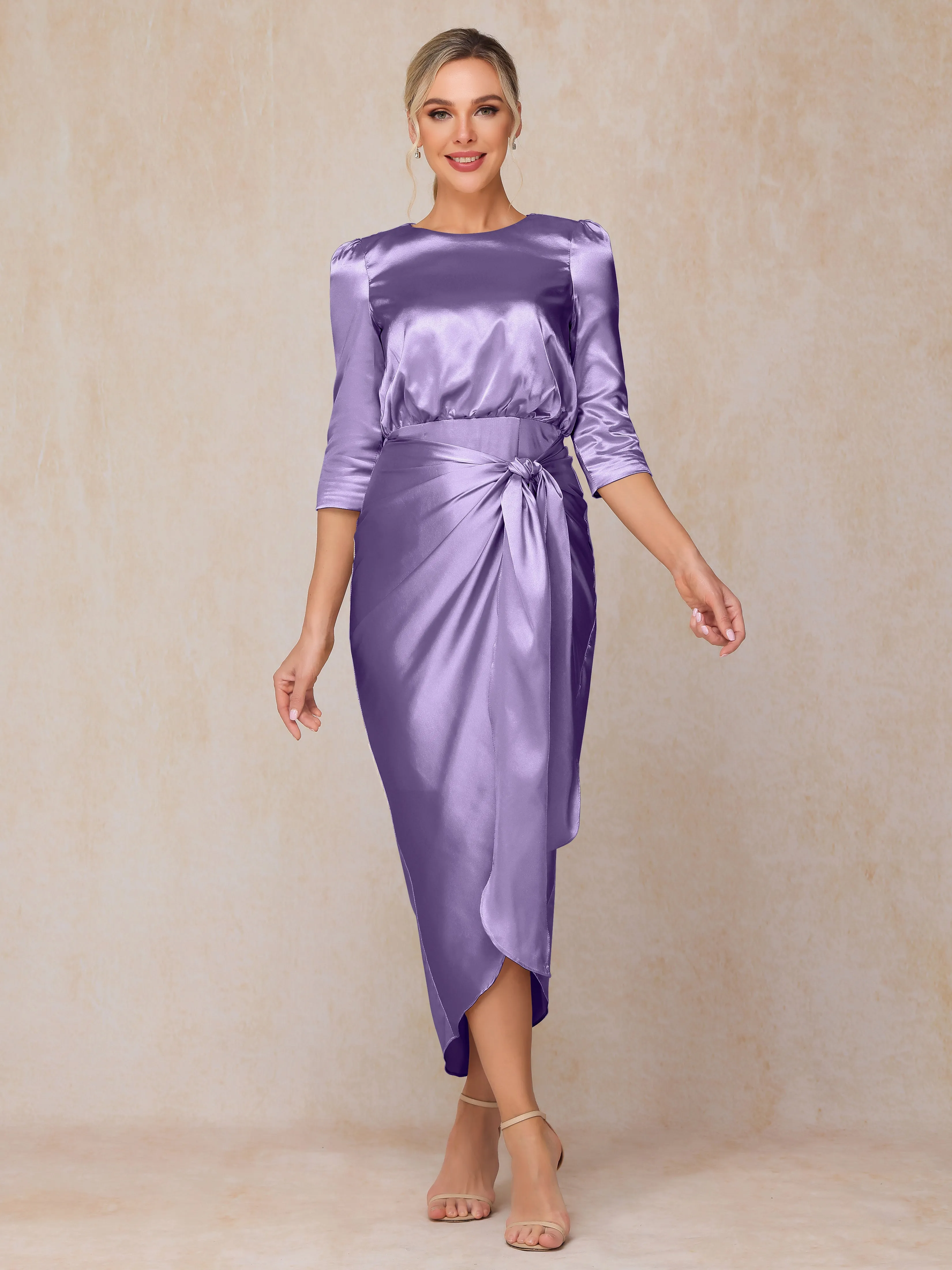 Asymmetrical Scoop 3/4 Length Sleeves Soft Satin Mother of the Bride Dresses