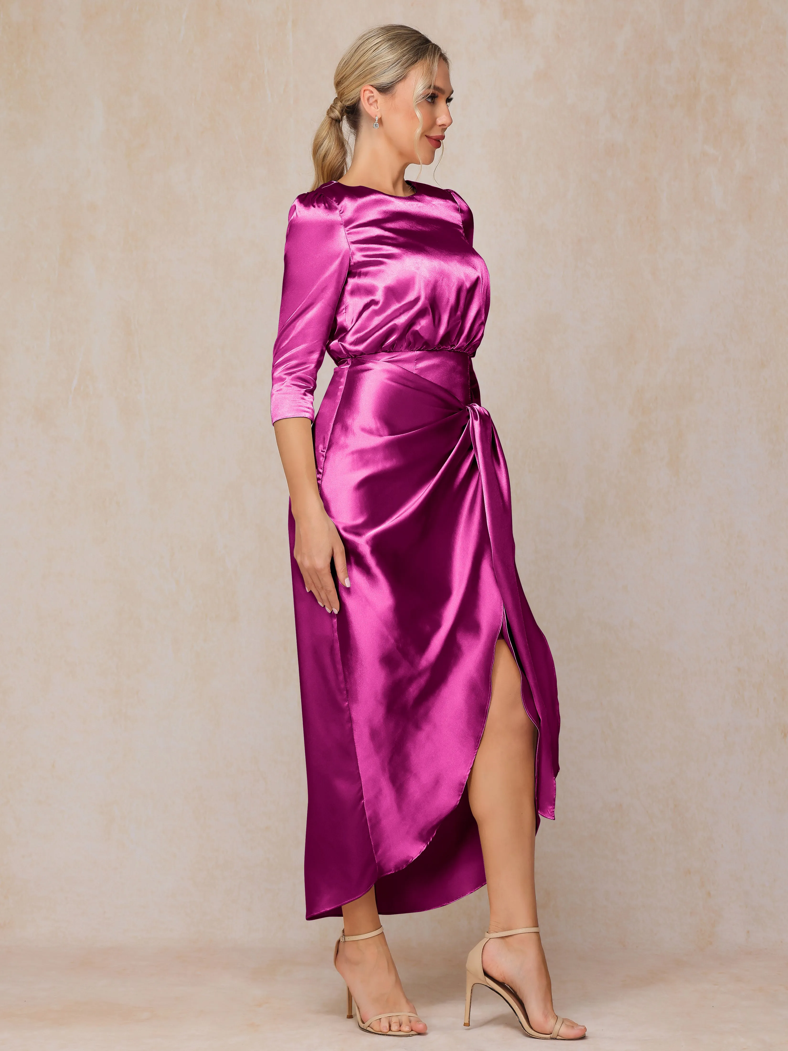 Asymmetrical Scoop 3/4 Length Sleeves Soft Satin Mother of the Bride Dresses