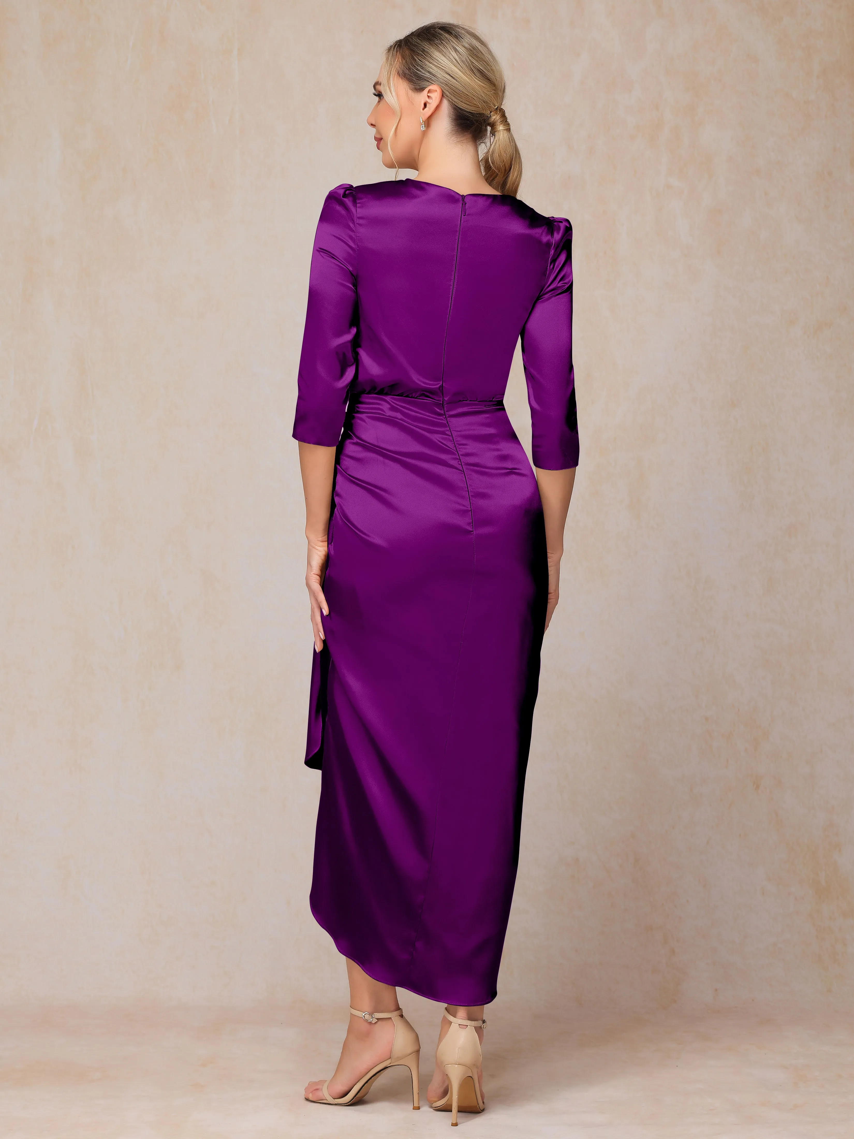 Asymmetrical Scoop 3/4 Length Sleeves Soft Satin Mother of the Bride Dresses