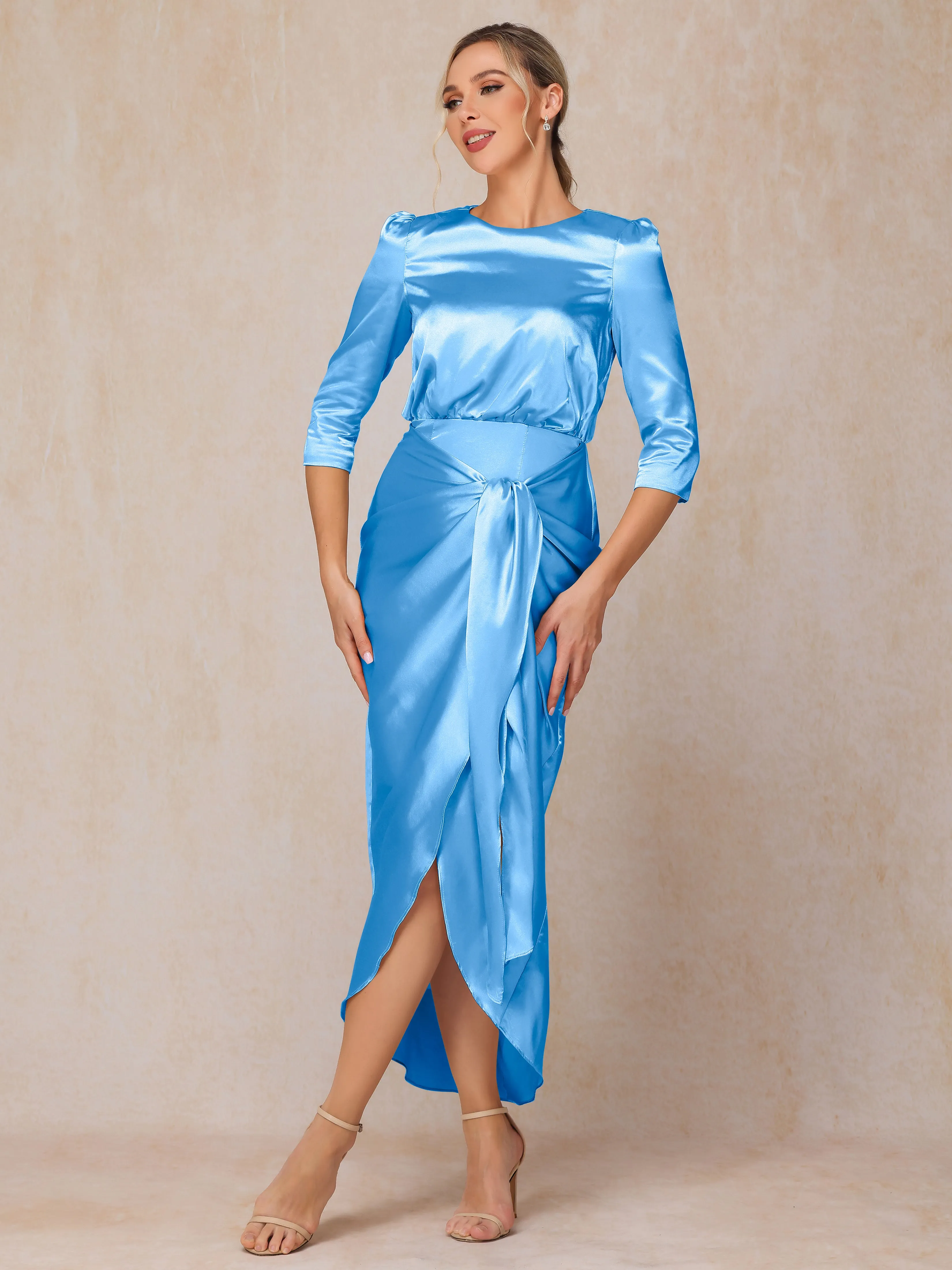 Asymmetrical Scoop 3/4 Length Sleeves Soft Satin Mother of the Bride Dresses