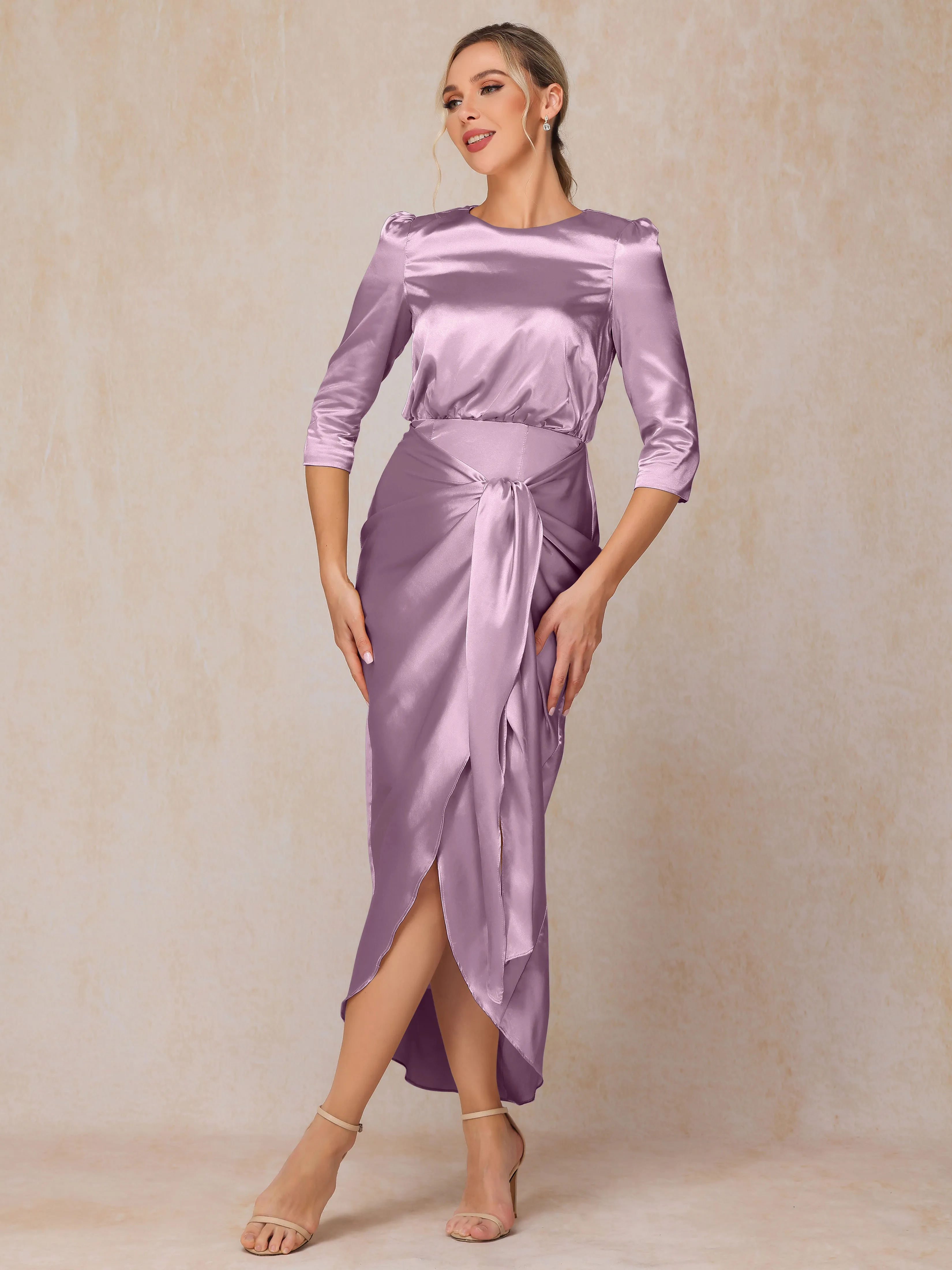 Asymmetrical Scoop 3/4 Length Sleeves Soft Satin Mother of the Bride Dresses